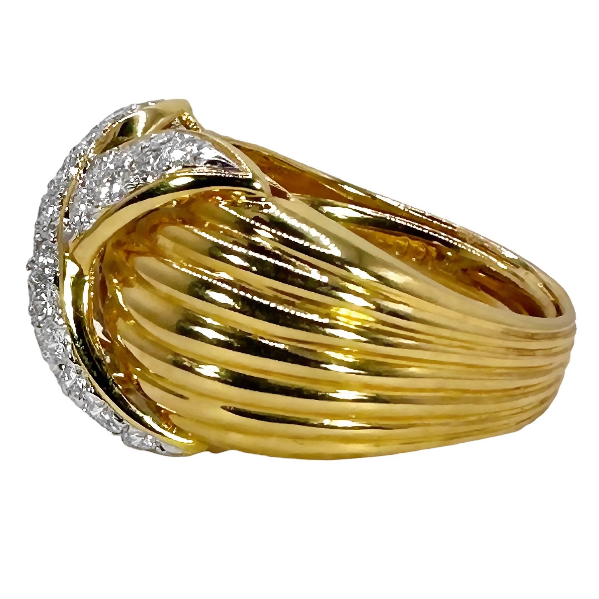 Brilliant Cut 18k Yellow Gold and Pave Diamond X Style Ring For Sale