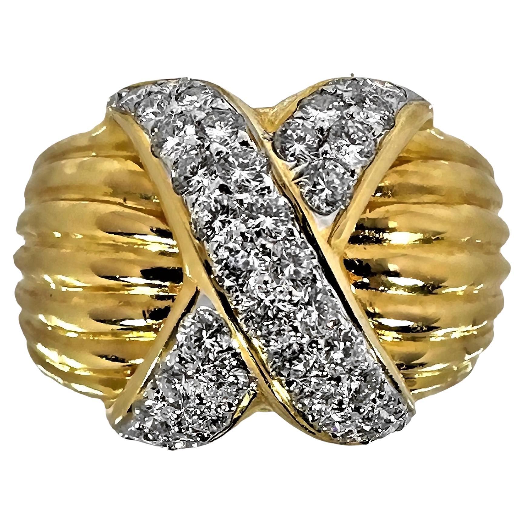 18k Yellow Gold and Pave Diamond X Style Ring