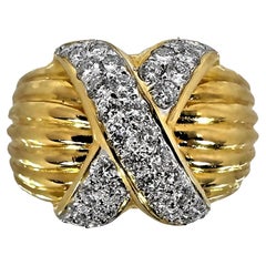 Retro 18k Yellow Gold and Pave Diamond X Style Ring
