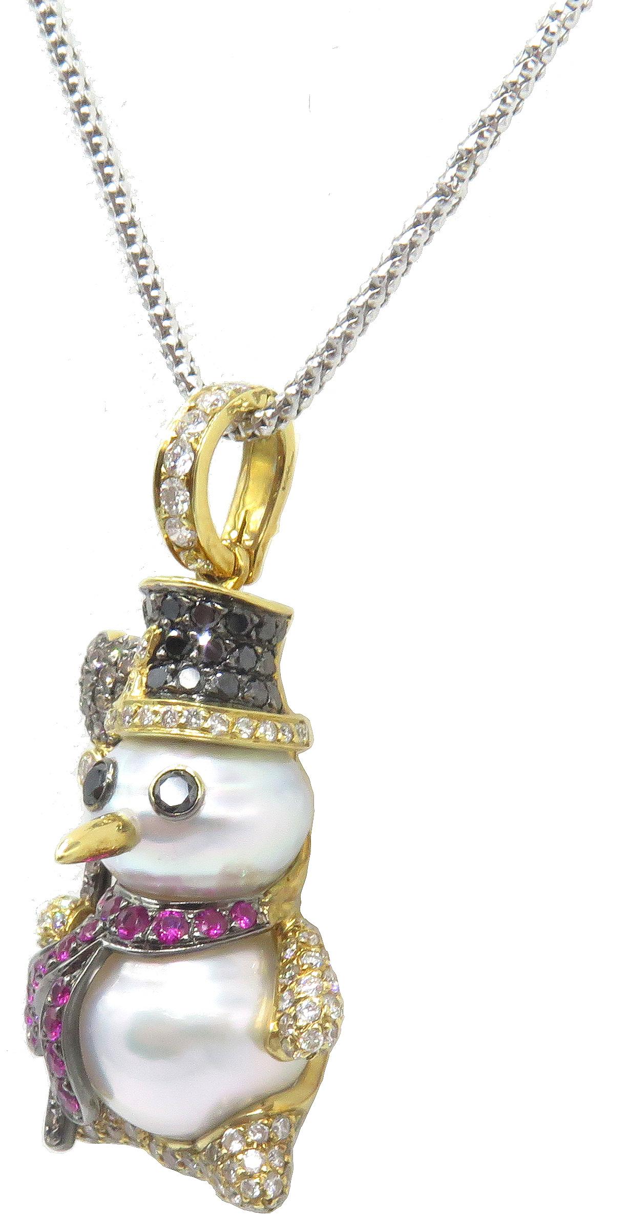 Round Cut 18 Karat Yellow Gold and Pearl Snowman with Diamonds