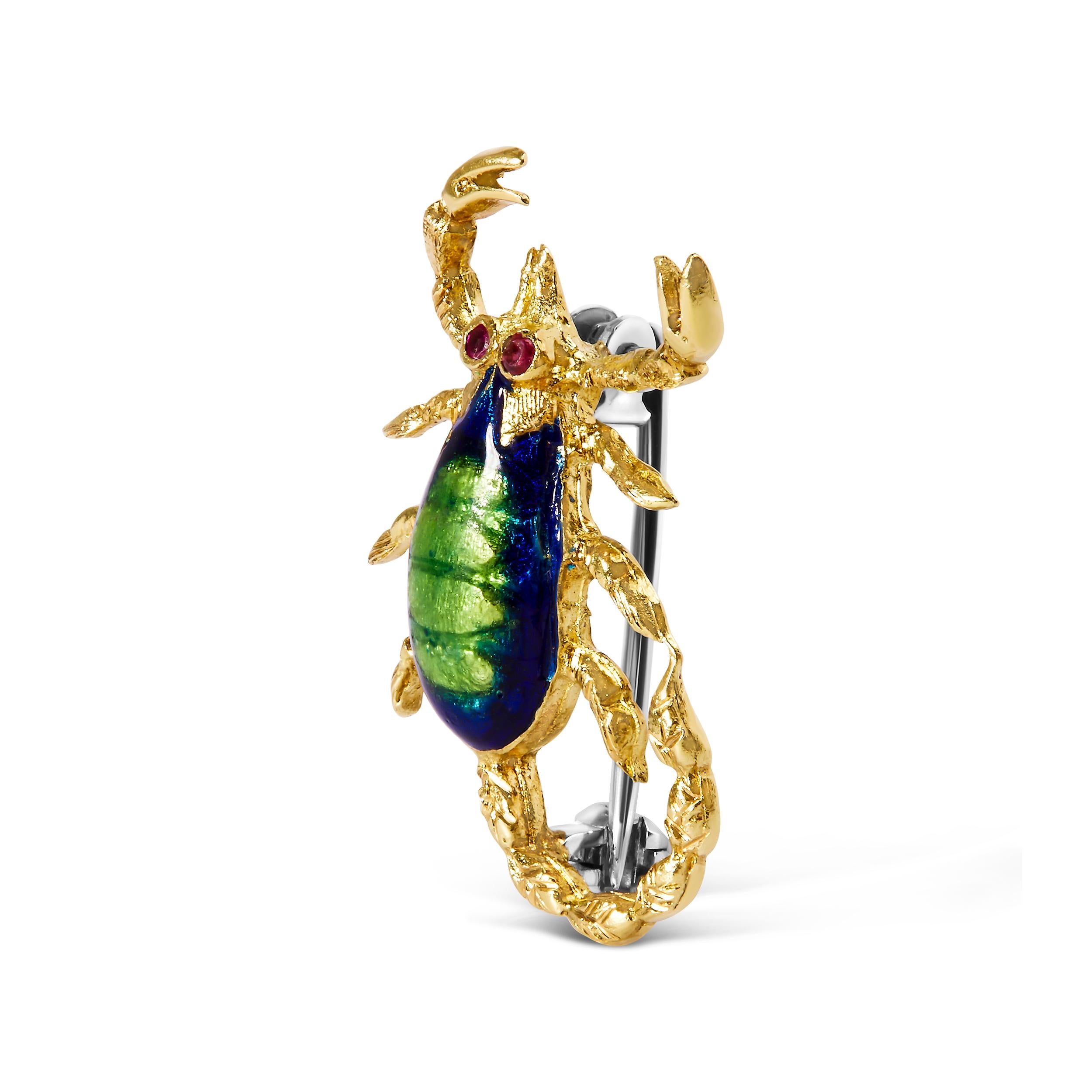 Introducing an exquisite masterpiece that embodies elegance and allure - an 18K Yellow Gold and Pink Sapphire Enamel Scorpion Brooch Pin. Crafted with precision, this enchanting piece is designed to captivate both women and men with its unique