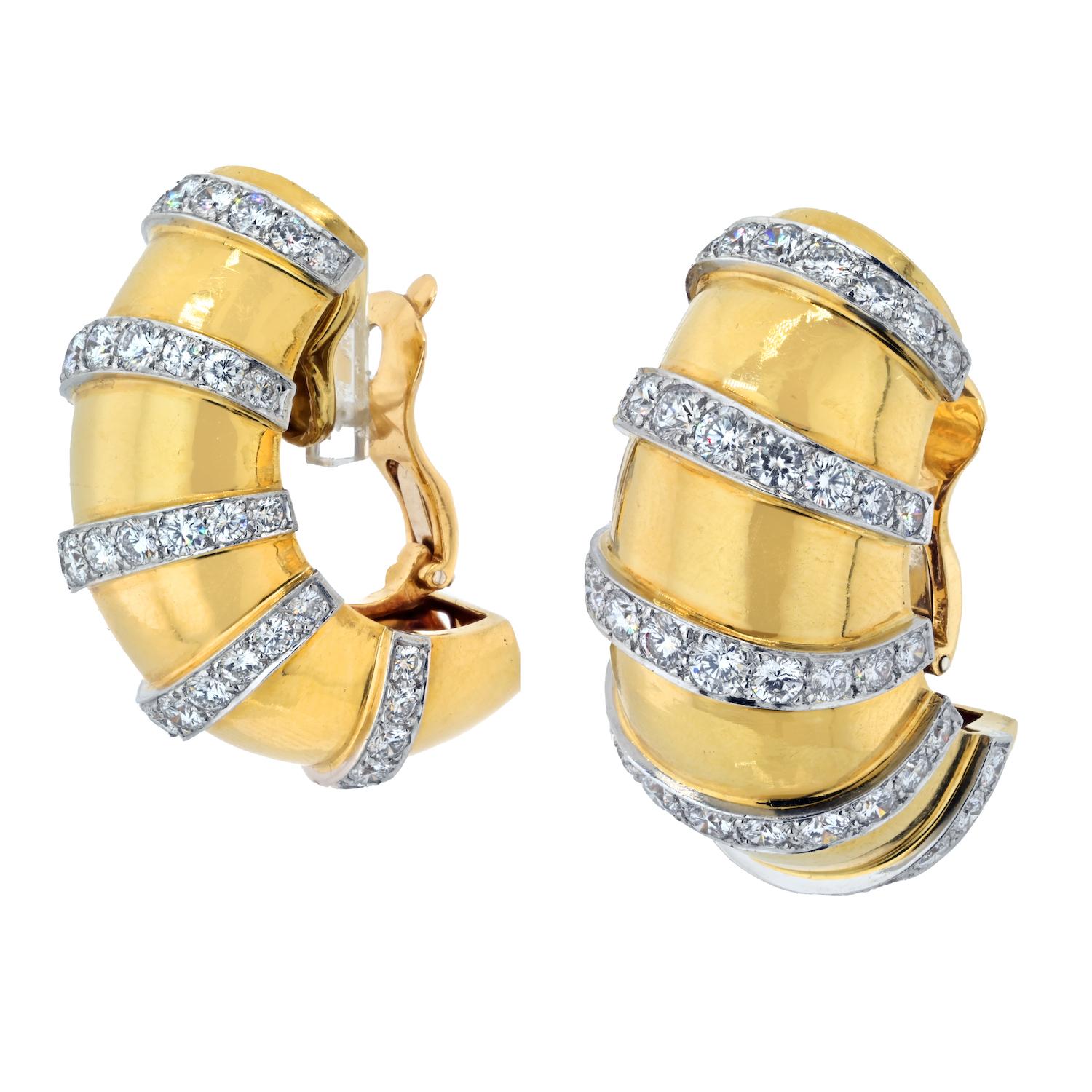 Modern 18k Yellow Gold And Platinum 11.50 Carat Diamond Drop Large Shrimp Earrings For Sale