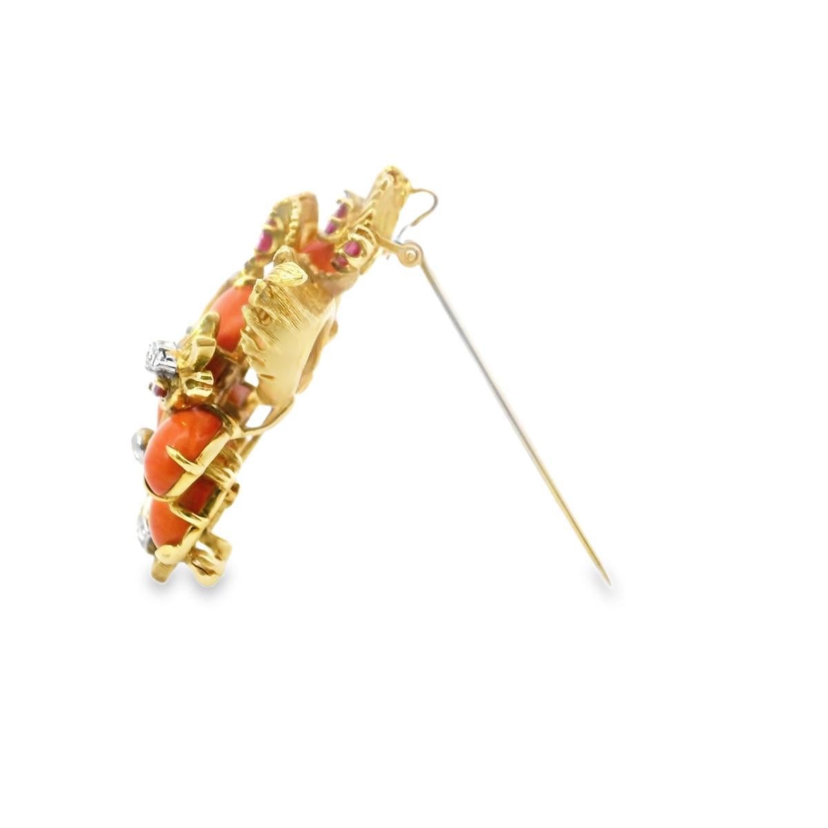 This striking Retro brooch captures the bold elegance of the 1960s. Featuring a vibrant design, it is adorned with rich red rubies and lustrous white diamonds, beautifully complemented by the warm hues of coral. The harmonious blend of these stones