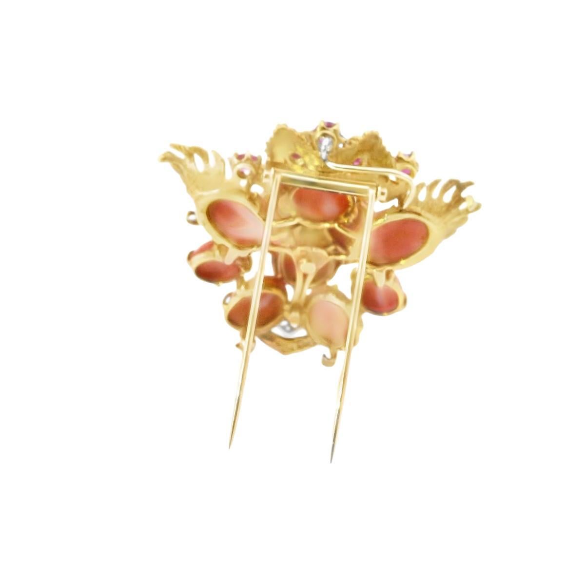 Retro 18K Yellow Gold and Platinum Coral Diamond  Gem Set Cat Pin