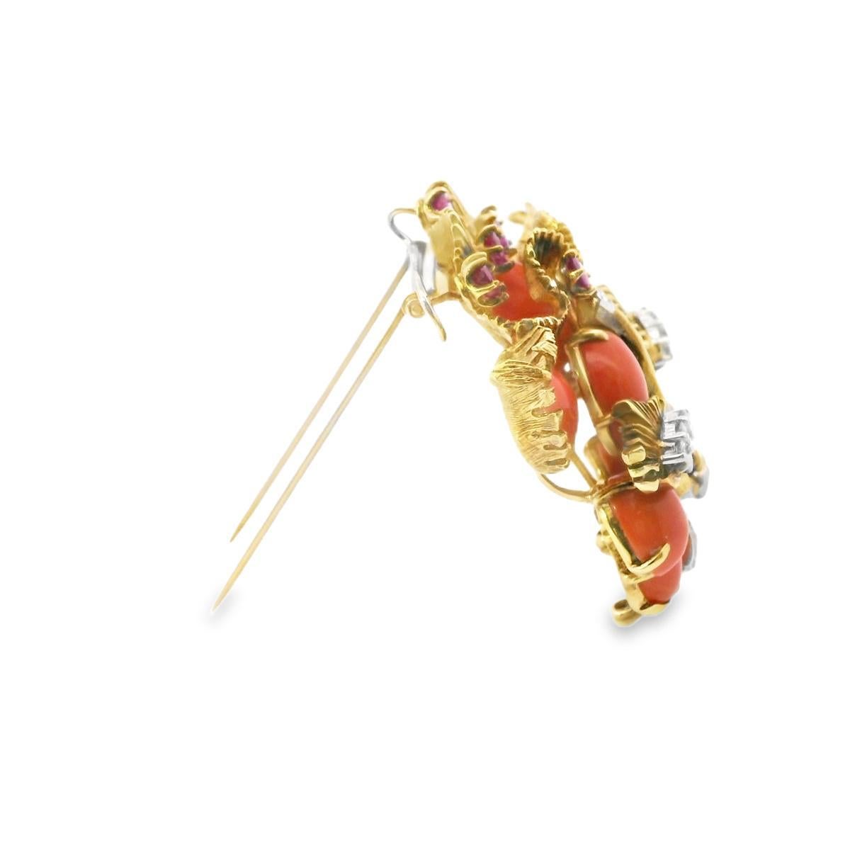 Round Cut 18K Yellow Gold and Platinum Coral Diamond  Gem Set Cat Pin