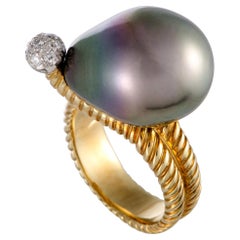 18 Karat Yellow Gold and Platinum Diamond and Black Pearl Ring
