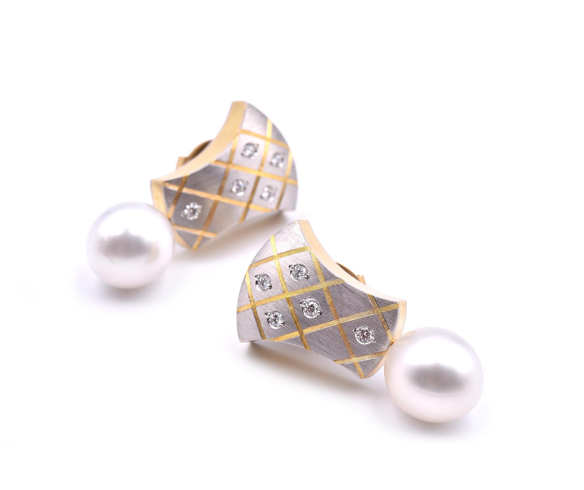 Designer: custom design
Material: 18k yellow gold and Platinum
South Sea Pearl: 2 south sea pearls 12.15mm in width
Diamonds: 10 round brilliant cut= 0.30cttw
Color: H
Clarity: SI1
Fastenings: post with friction back
Dimensions: each earring is