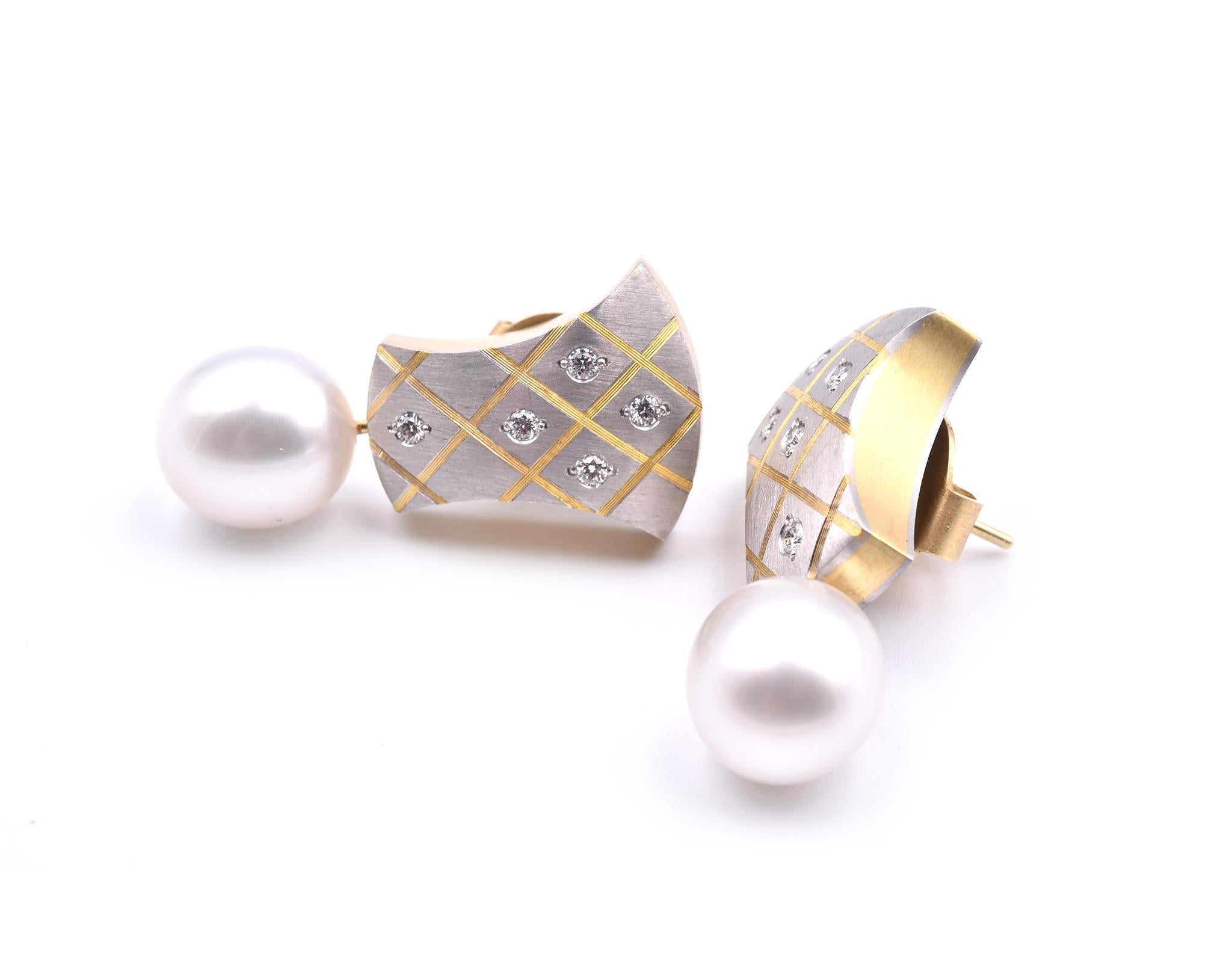 Round Cut 18 Karat Yellow Gold and Platinum Diamond and Pearl Earrings