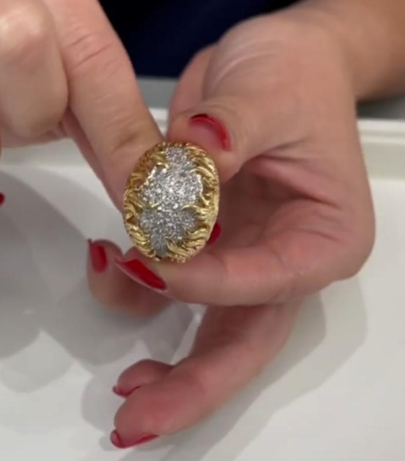 Round Cut 18K Yellow Gold and Platinum Diamond Dome Right Hand Ring For Sale
