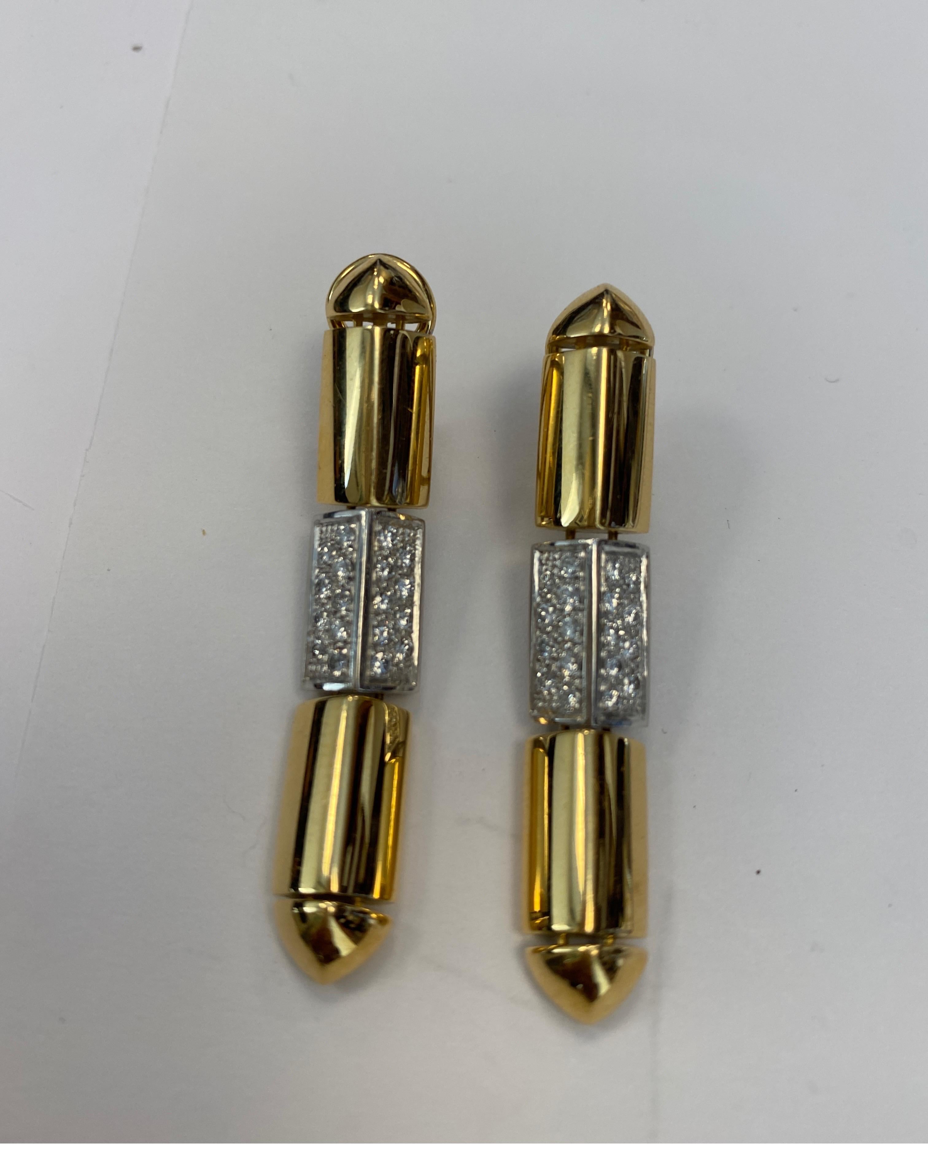 Round Cut 18 Karat Yellow Gold and Platinum Diamond Drop Earrings by Antonini For Sale