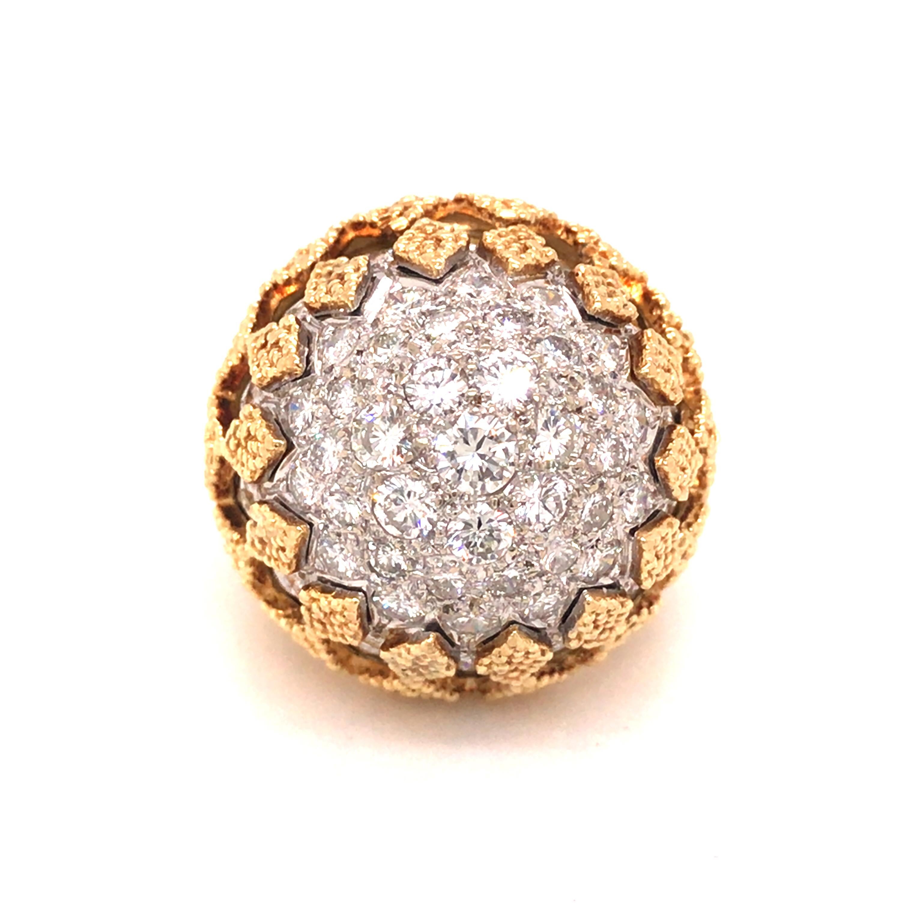 Diamond Pave Dome Ring in 18K Yellow Gold and Platinum.  Round Brilliant Cut Diamonds weighing 4.50 carat total weight, G-H in color and VS-SI in clarity are expertly set.  The Ring measures 1 inch in length and width and 1/2 inch in height. Ring