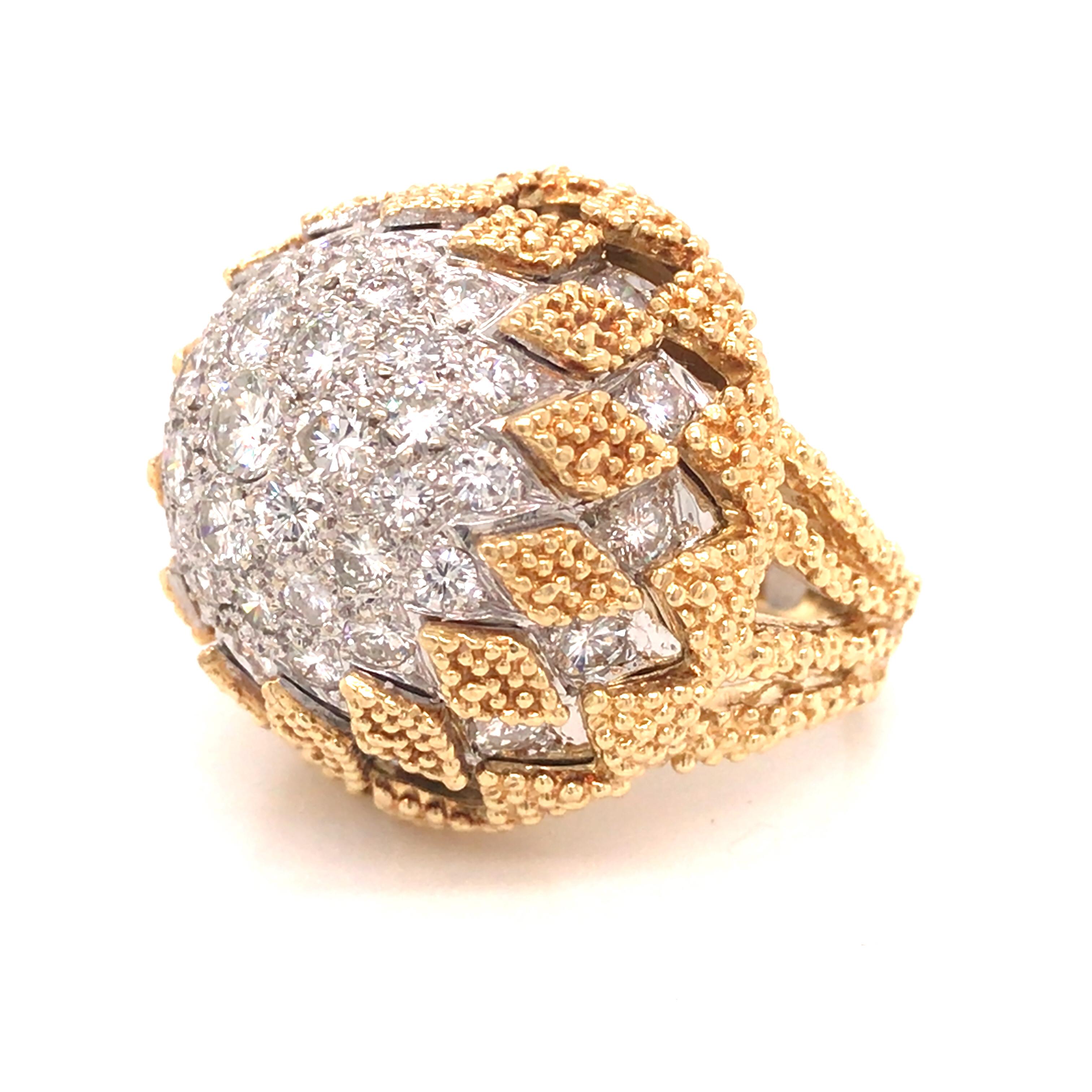 Round Cut 18K Yellow Gold and Platinum Diamond Pave Dome Ring For Sale