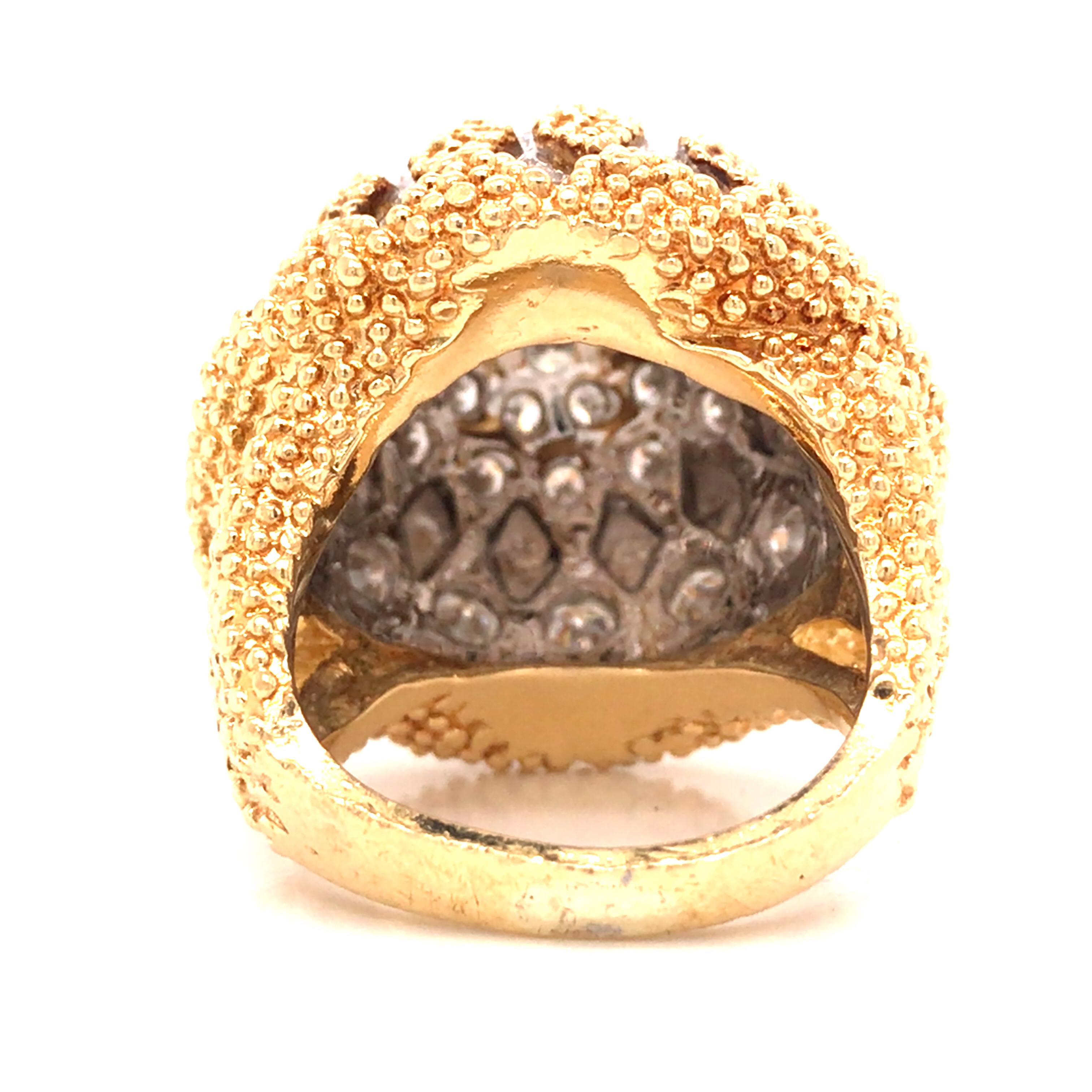 Women's 18K Yellow Gold and Platinum Diamond Pave Dome Ring For Sale