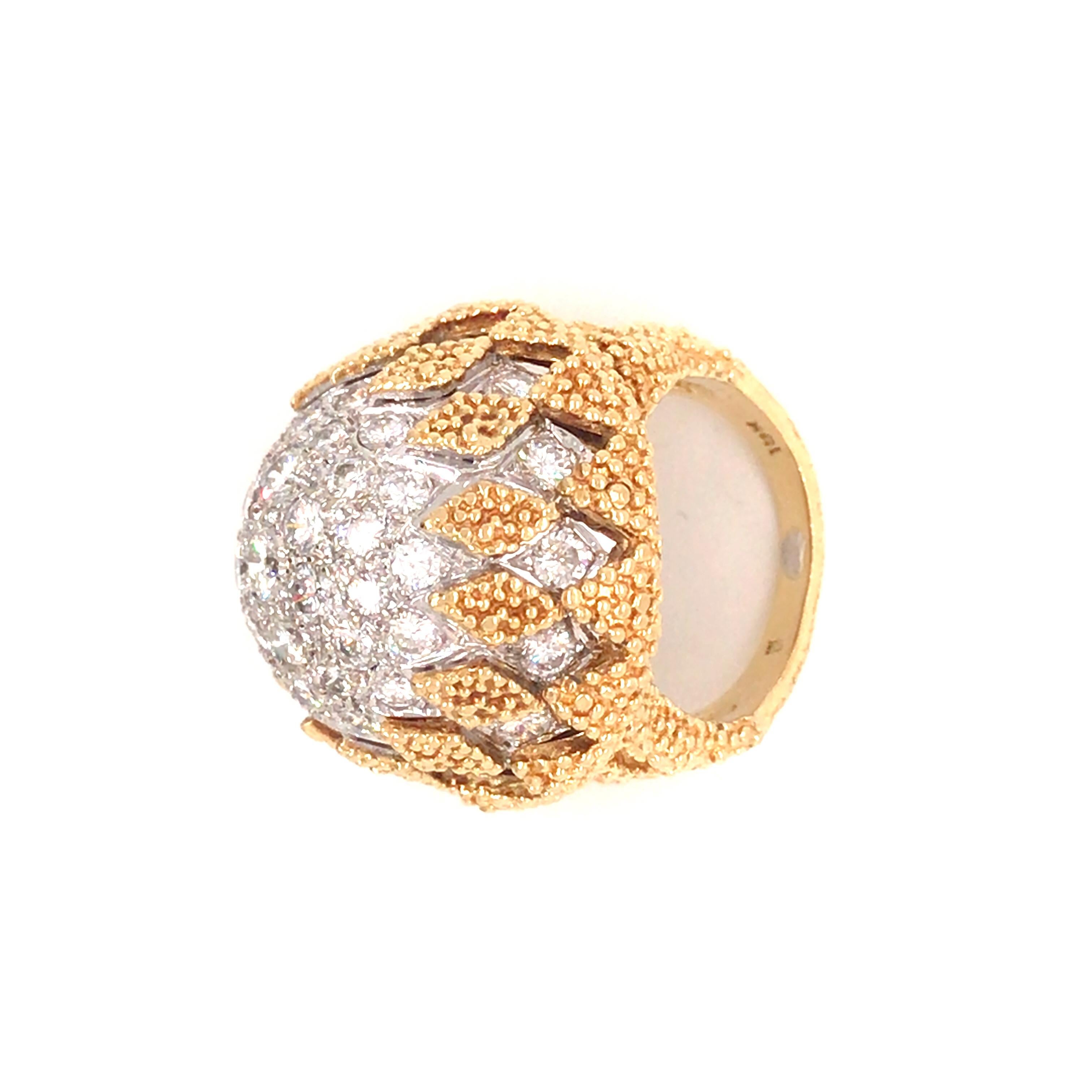 18K Yellow Gold and Platinum Diamond Pave Dome Ring For Sale 1