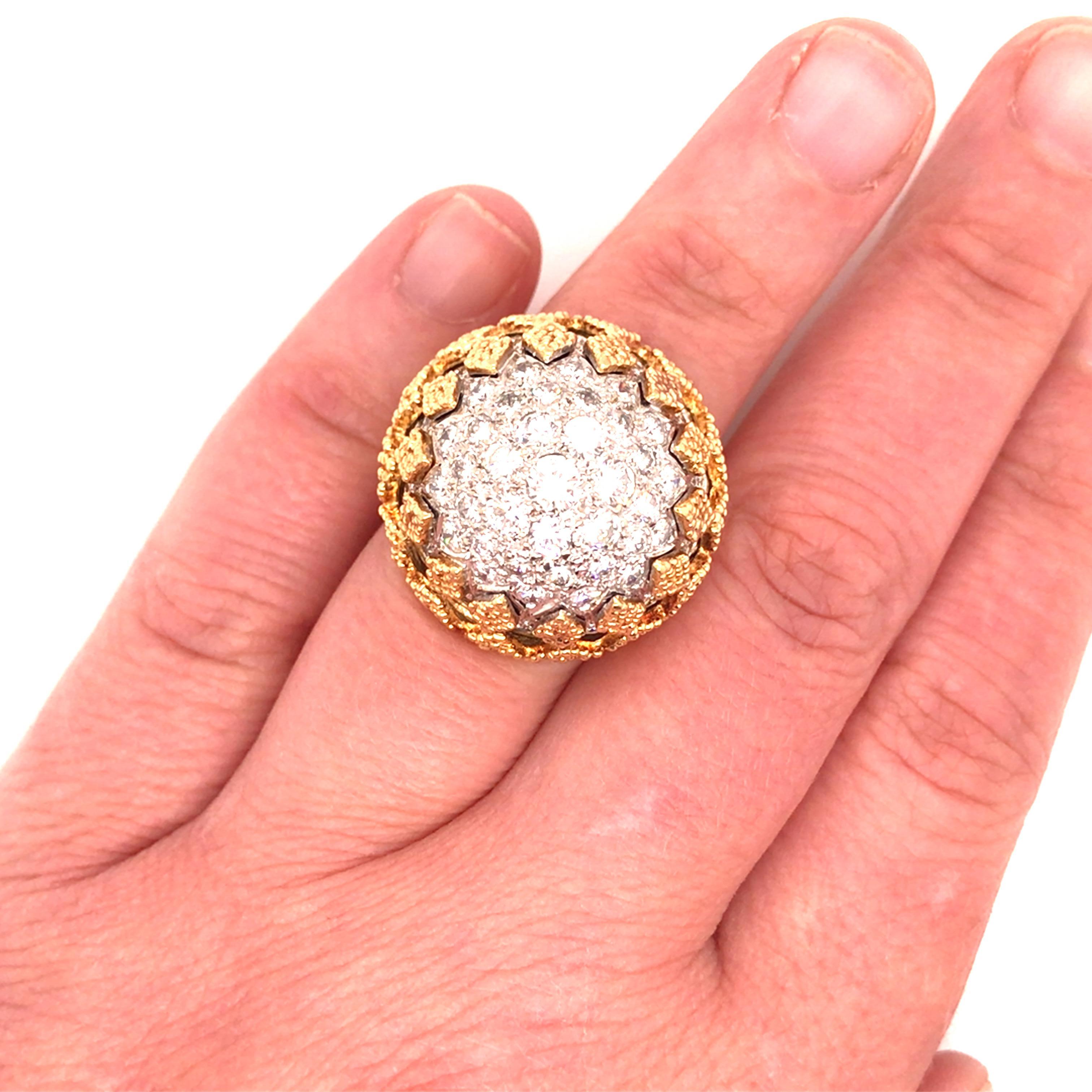 18K Yellow Gold and Platinum Diamond Pave Dome Ring For Sale 3