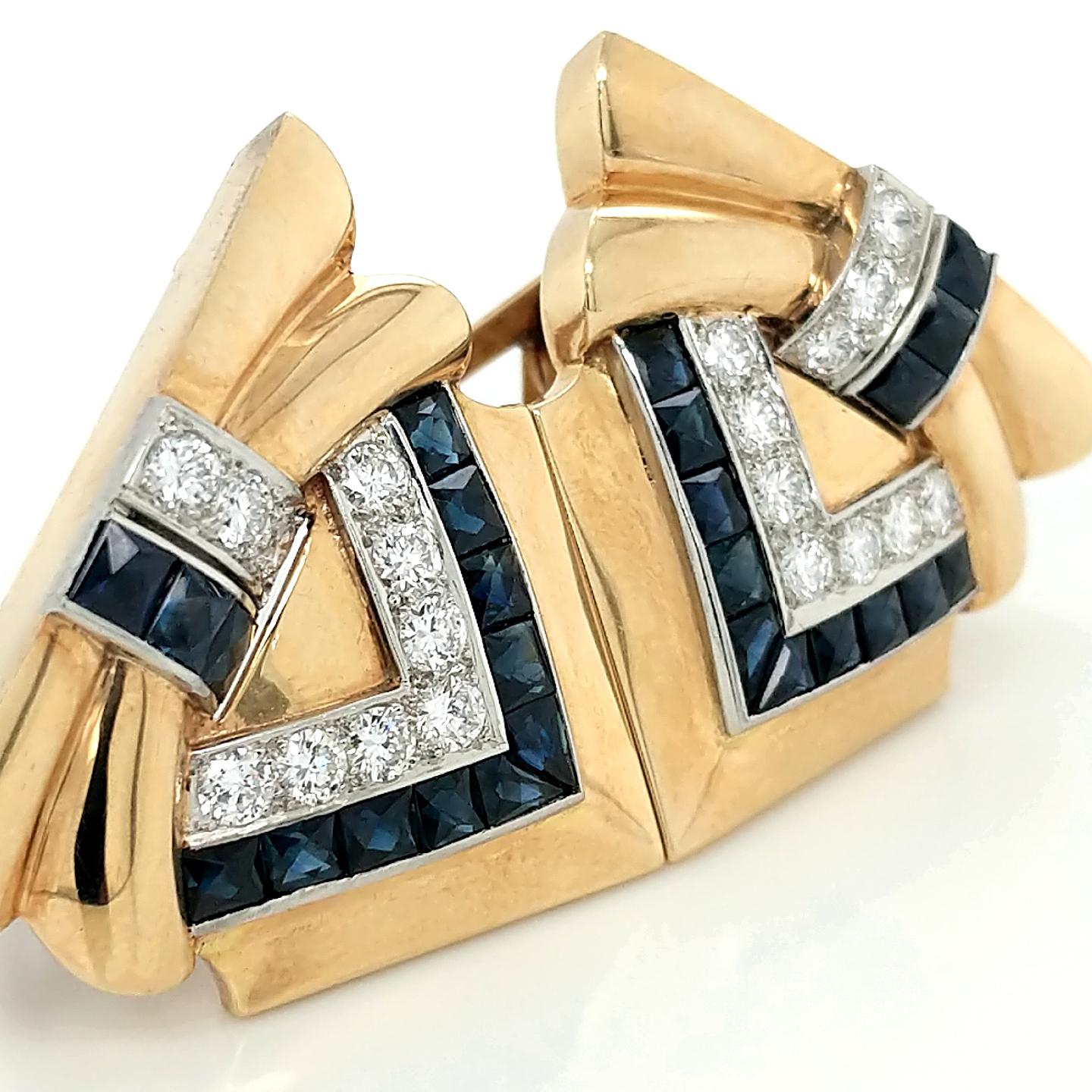 Contemporary 18 Karat Yellow Gold and Platinum Diamond Sapphire Clip Pin