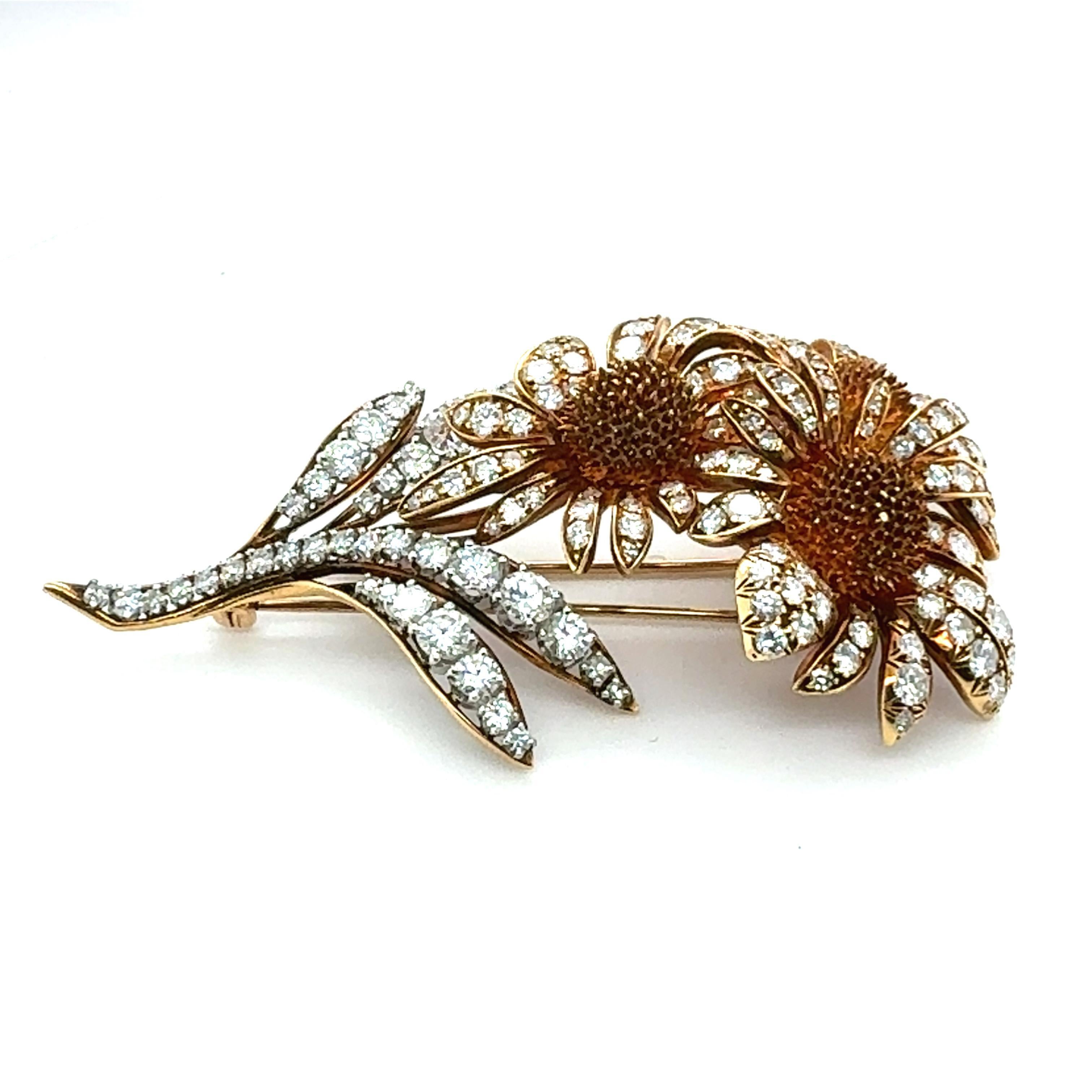 Brilliant Cut 18k Yellow Gold and Platinum Floral Sunburst Diamond Brooch For Sale