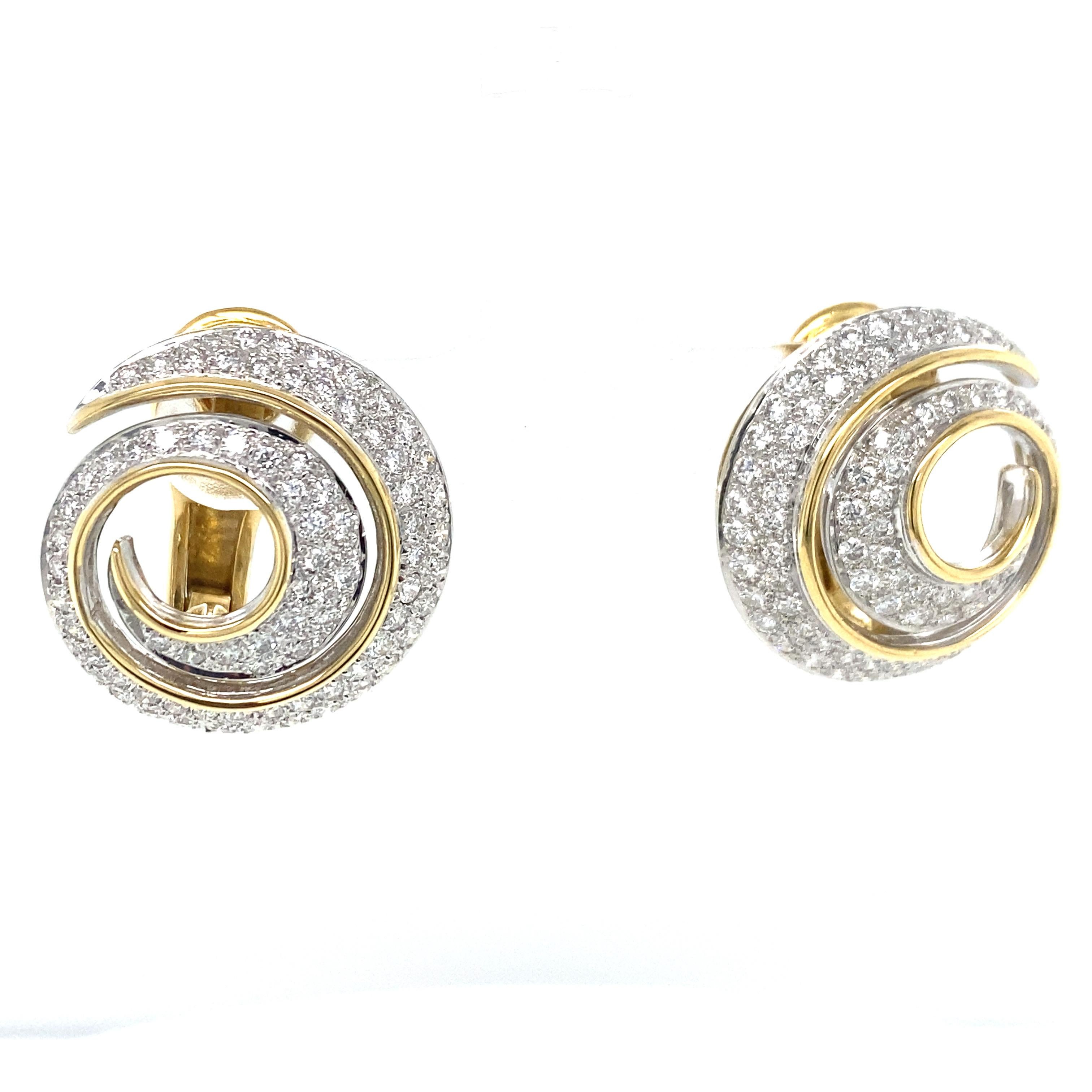 Handmade Diamond Swirl Button Earrings in 18K Yellow Gold and Platinum.  156 Round Brilliant Cut Diamonds weighing 2.03 carat total weight, G-H in color and VS in clarity are expertly set.  The Earrings measure 7/8 inch in diameter. Lever-back
