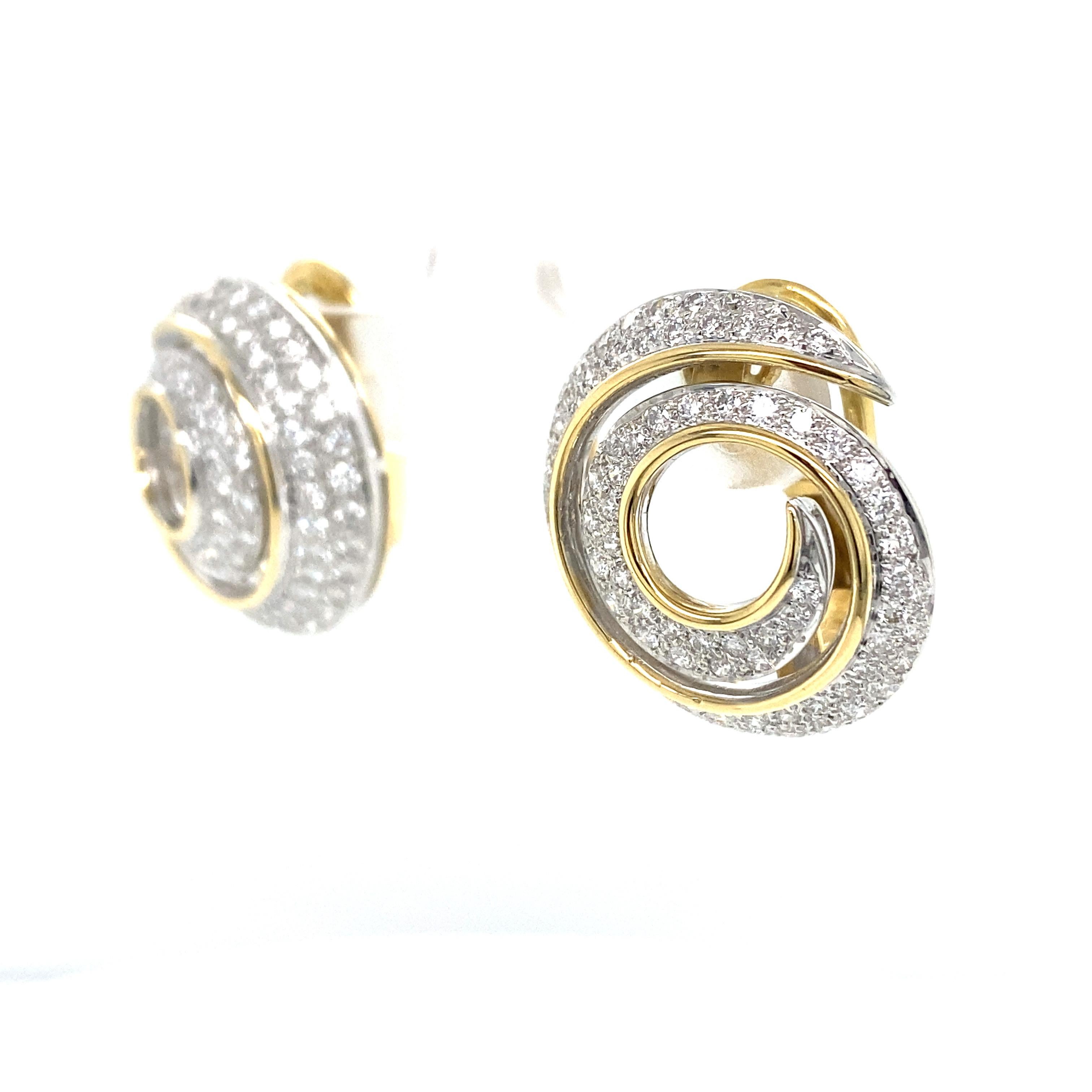 18k Yellow Gold and Platinum Handmade Diamond Swirl Button Earrings In Excellent Condition For Sale In Boca Raton, FL