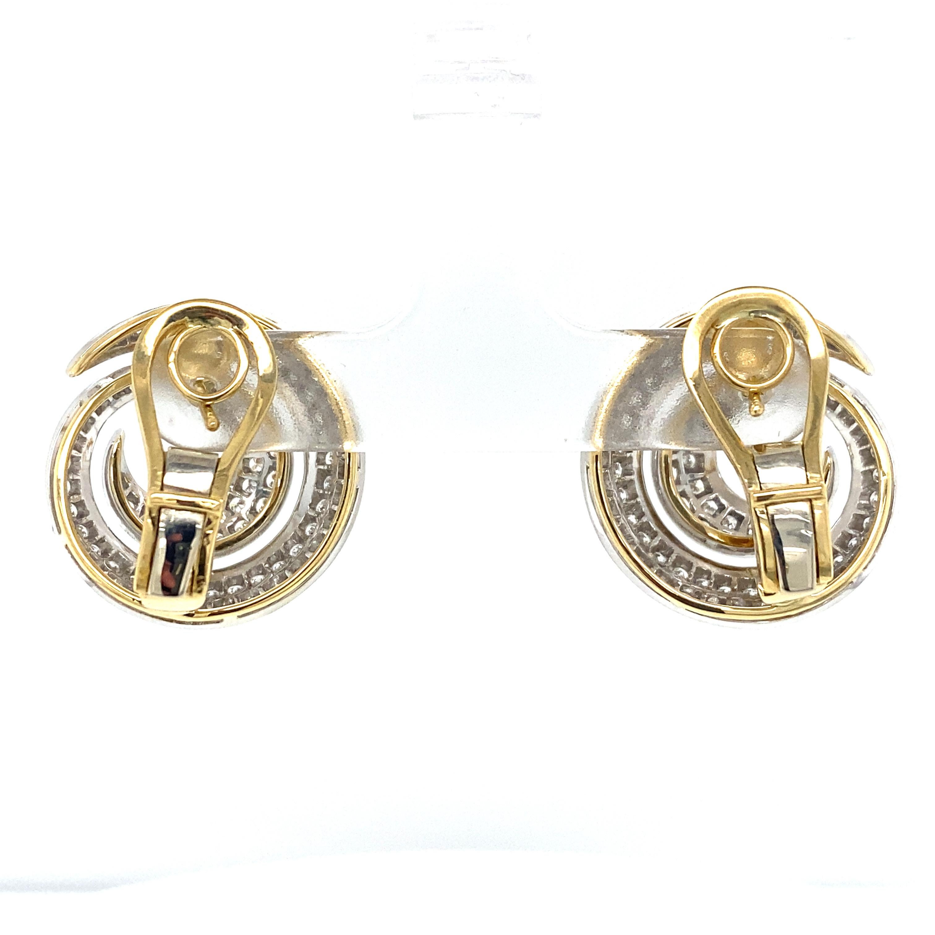 18k Yellow Gold and Platinum Handmade Diamond Swirl Button Earrings For Sale 1