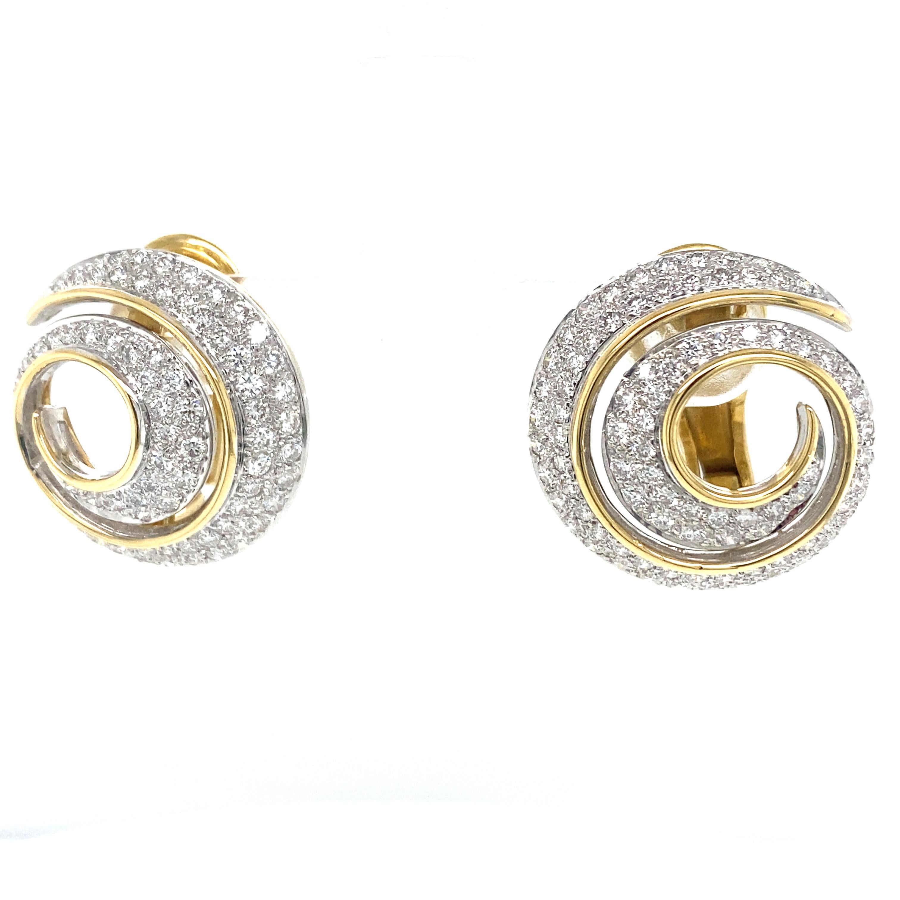 18k Yellow Gold and Platinum Handmade Diamond Swirl Button Earrings For Sale 2