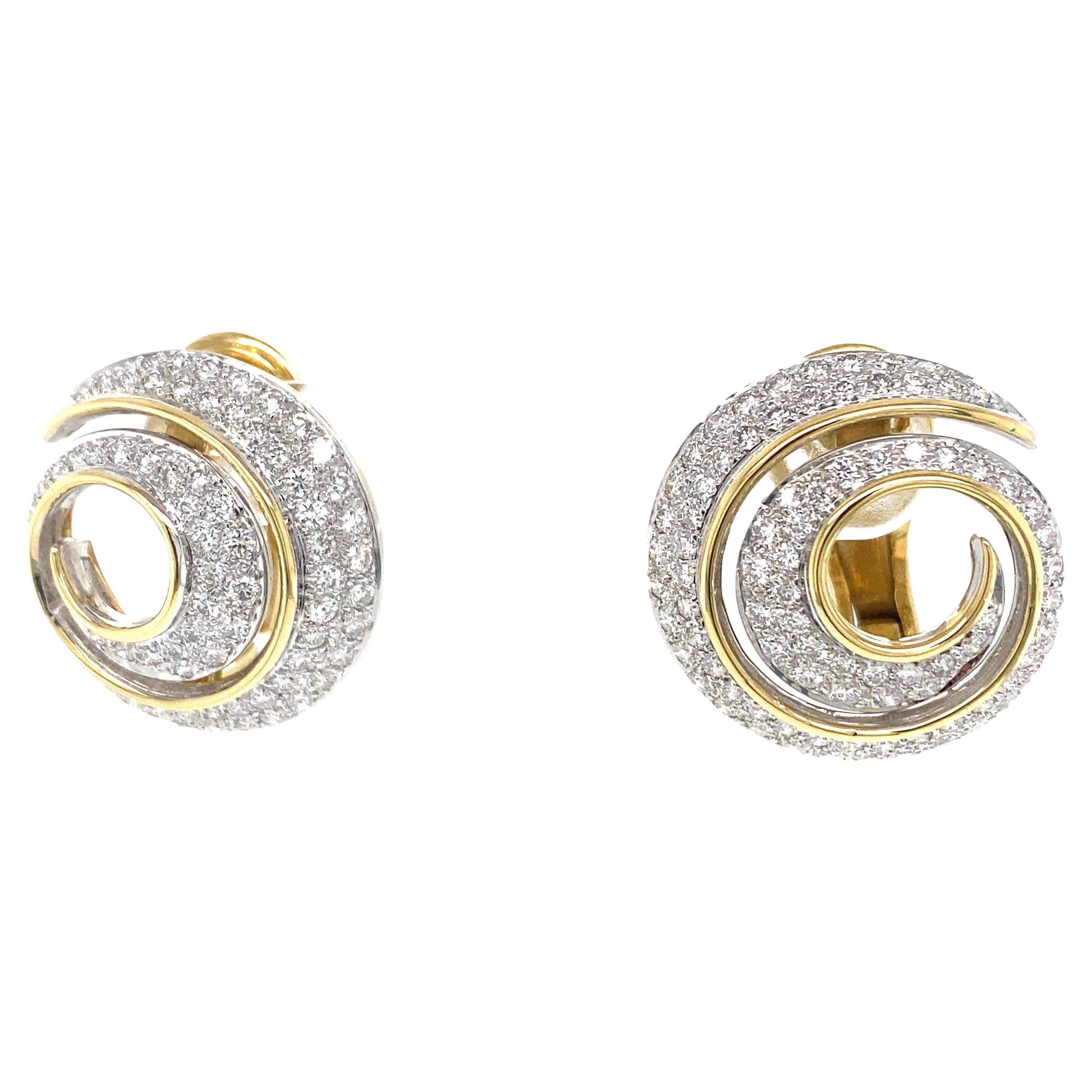 18k Yellow Gold and Platinum Handmade Diamond Swirl Button Earrings For Sale