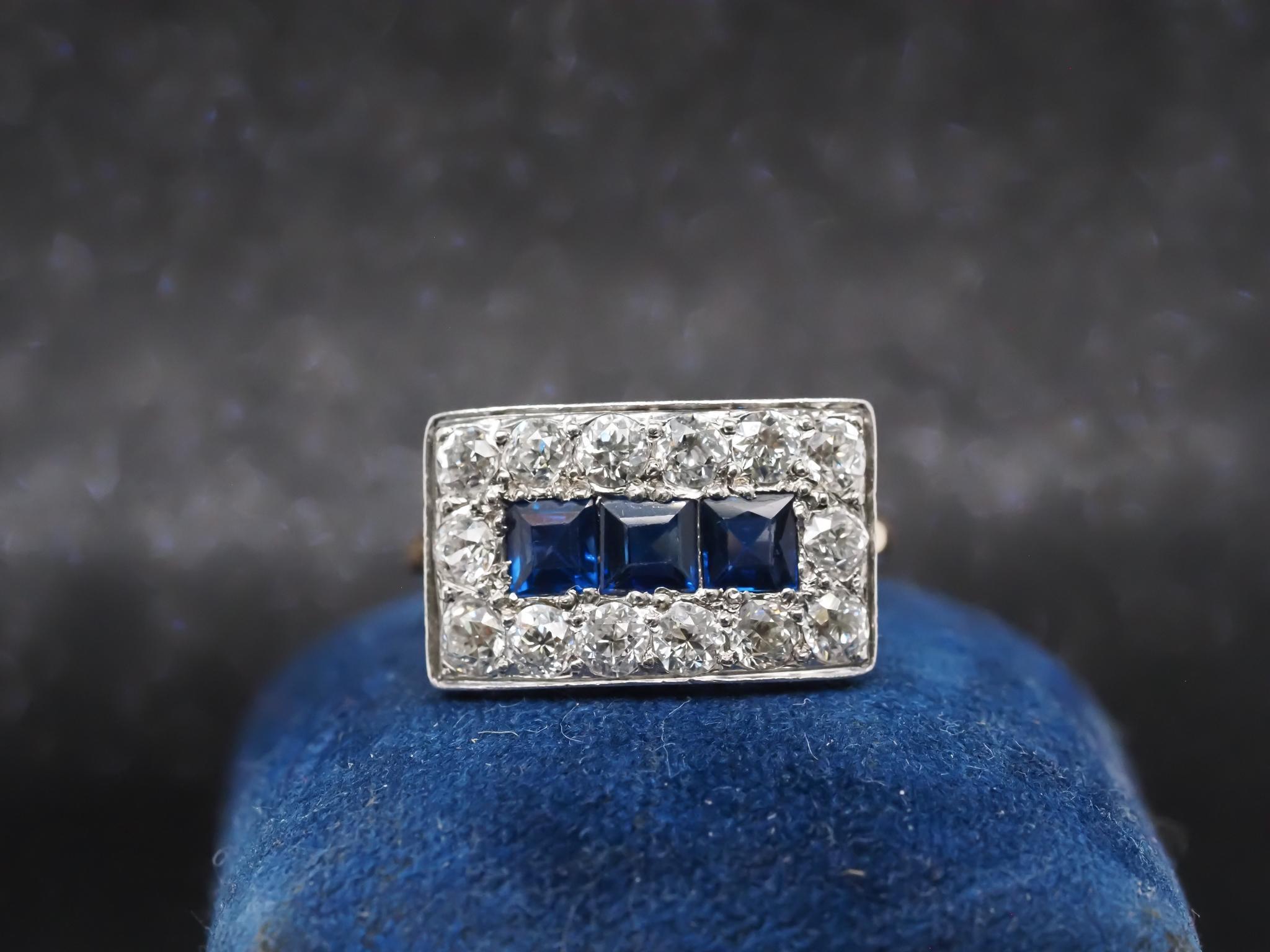 Year: 1900s

Item Details:
Ring Size: (Sizable)
Metal Type: 18K Yellow Gold and Platinum [Hallmarked, and Tested]
Weight: 4.0 grams

Diamond Details: 1.00ct total weight, Old Mine Brilliant, Natural Diamonds, G Color, VS Clarity

Sapphire Details: