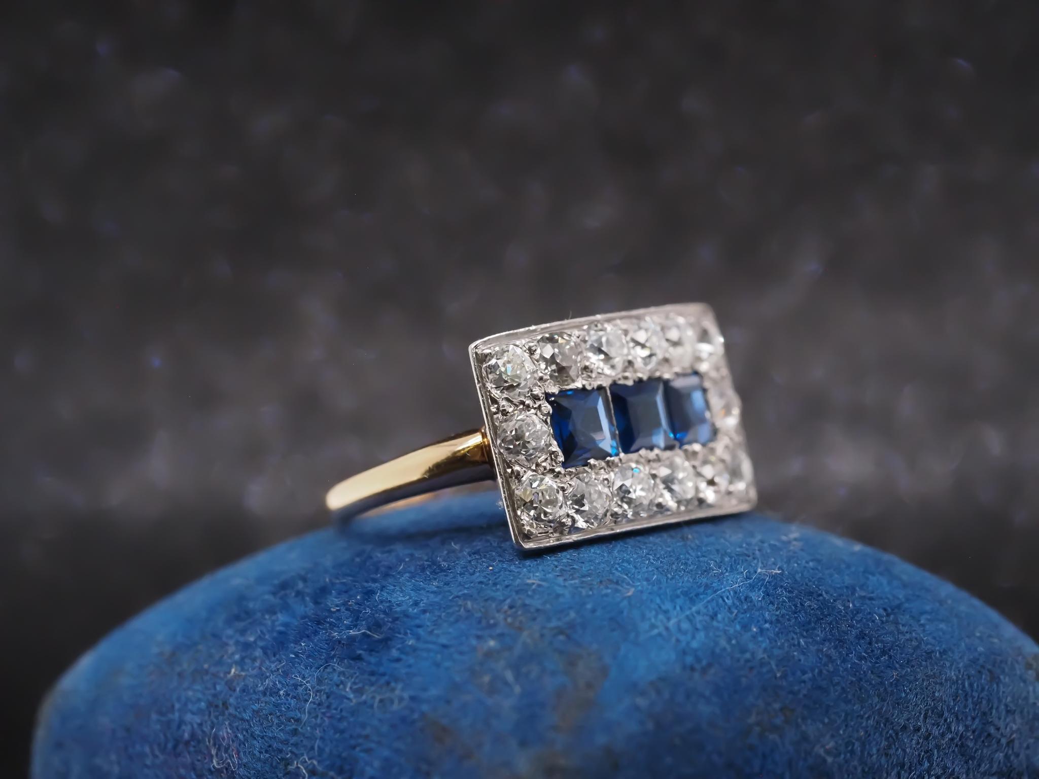 Women's 18K Yellow Gold and Platinum Old Mine Diamond and Natural Sapphire Ring