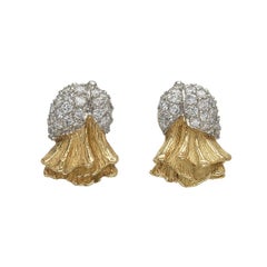 18k Yellow Gold and Platinum Poppy Flower Bud Earrings with Diamonds