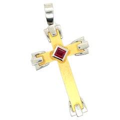 18k Yellow Gold and Platinum Ruby Cross
