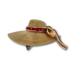 18 Karat Yellow Gold and Red Enamel Straw Hat Brooch