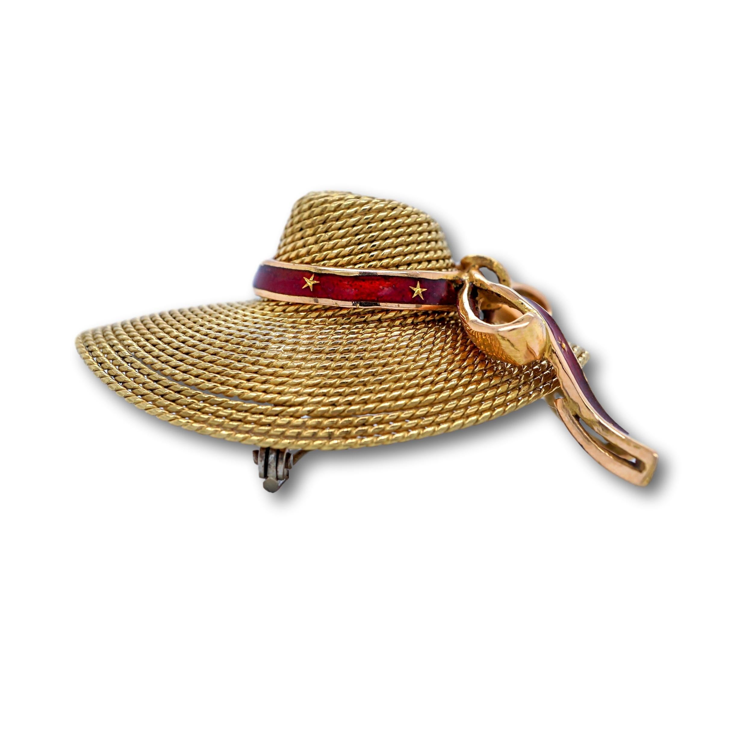 18 Karat Yellow Gold and Red Enamel Straw Hat Brooch In Excellent Condition For Sale In New York, NY