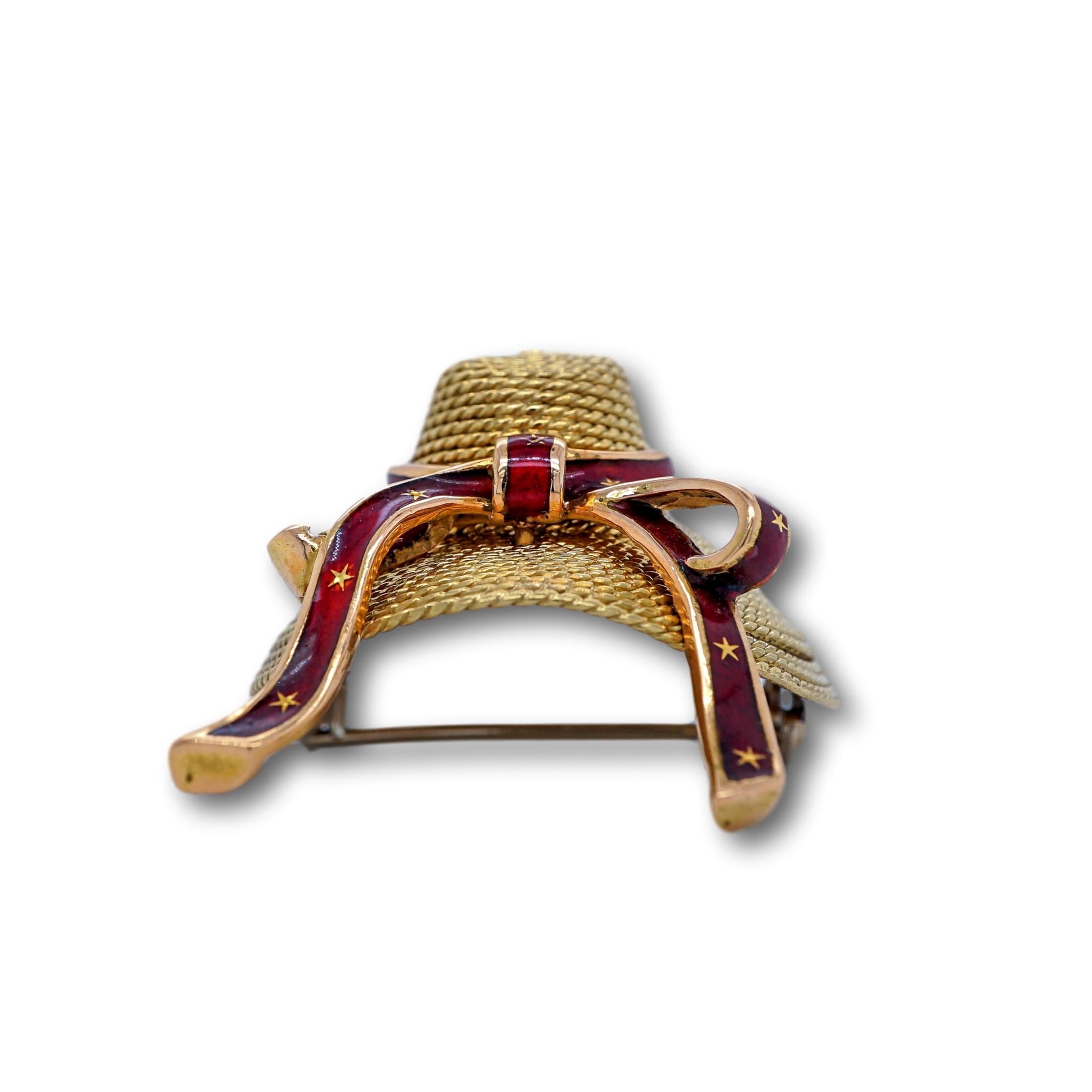 Women's or Men's 18 Karat Yellow Gold and Red Enamel Straw Hat Brooch For Sale
