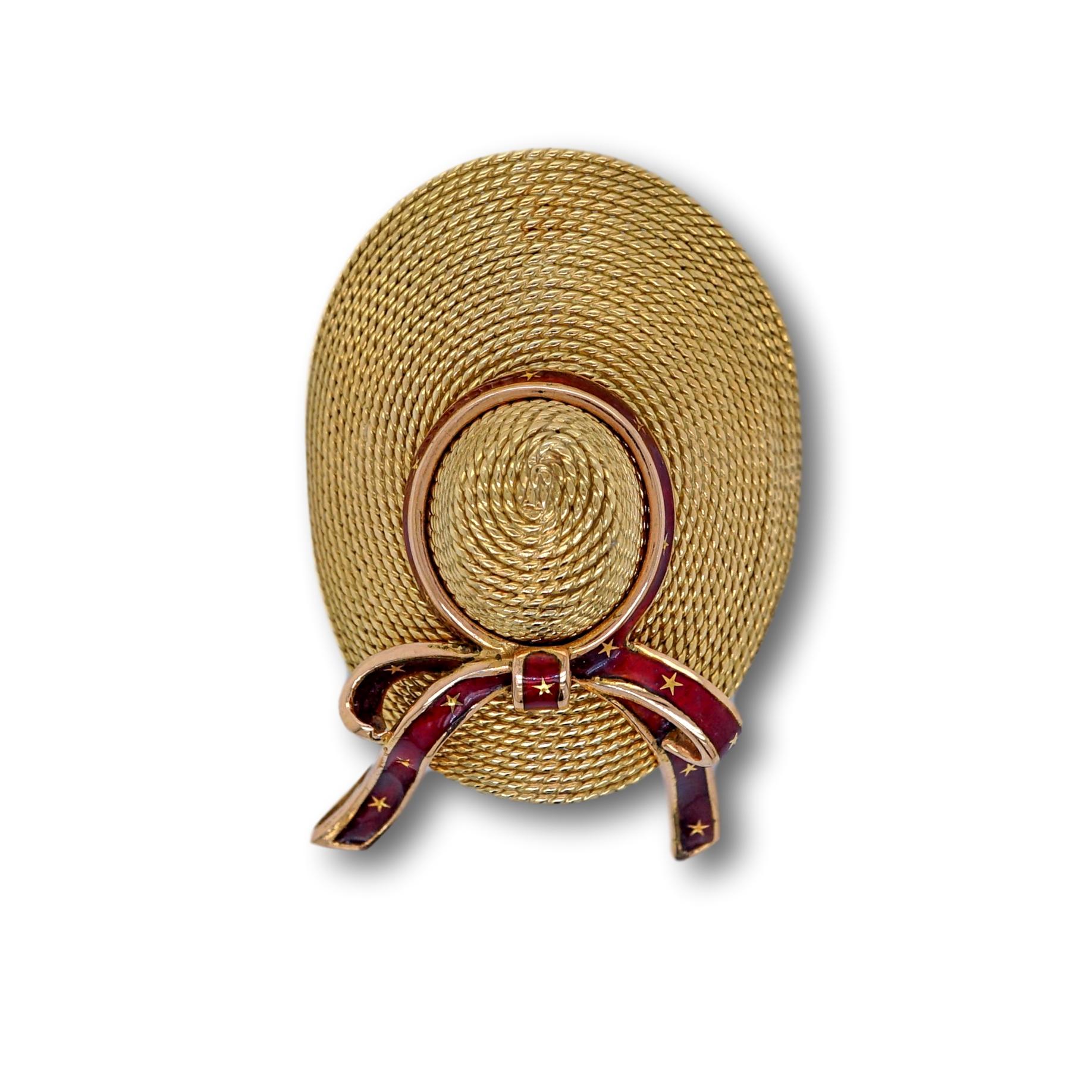 18 Karat Yellow Gold and Red Enamel Straw Hat Brooch For Sale 1