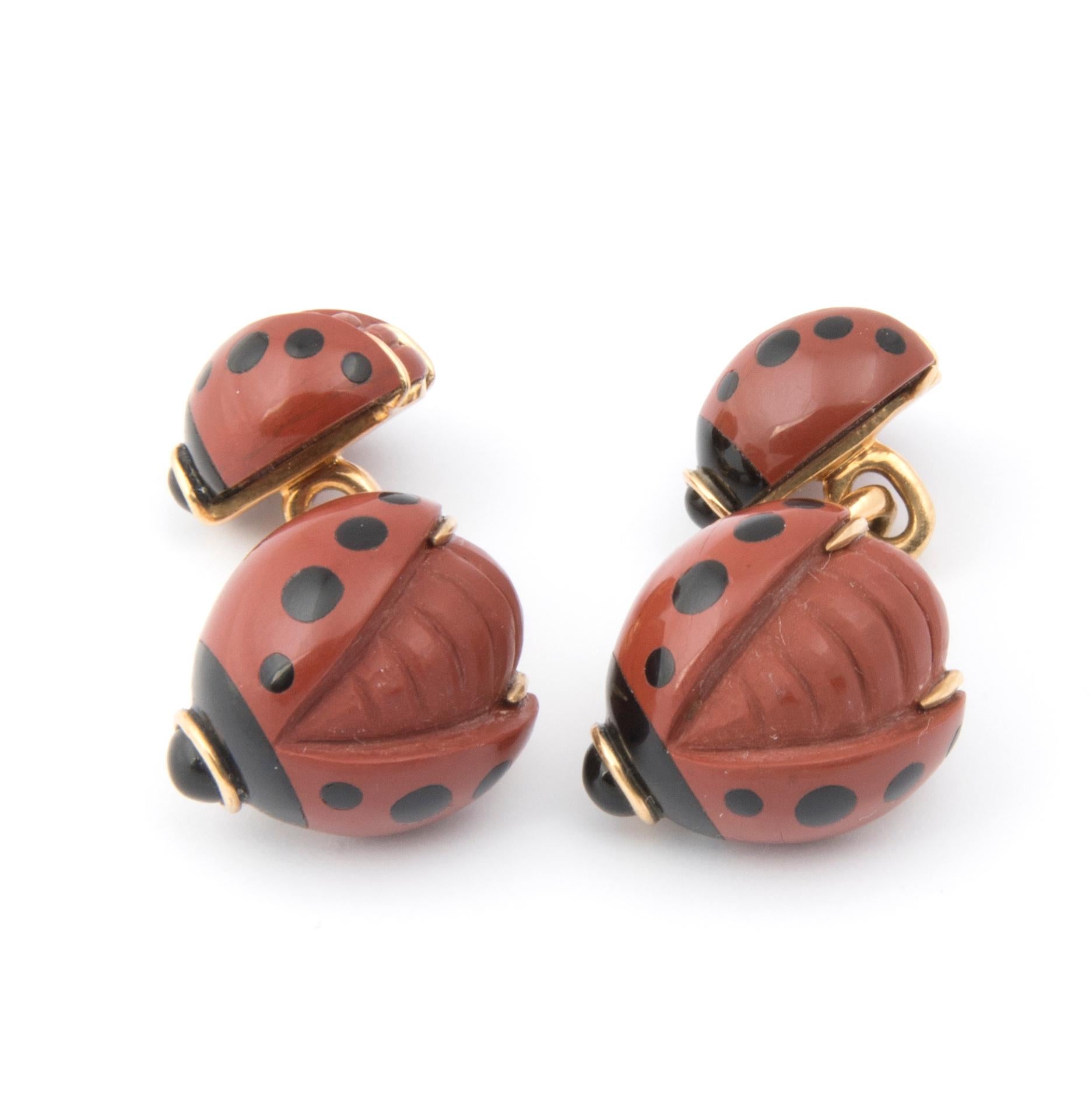 Women's or Men's 18k Yellow Gold and Red Hard Stone Ladybird Cufflinks For Sale