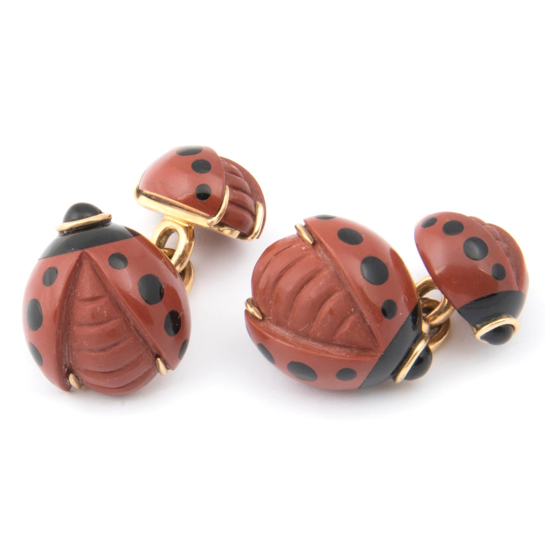 18k Yellow Gold and Red Hard Stone Ladybird Cufflinks For Sale 1