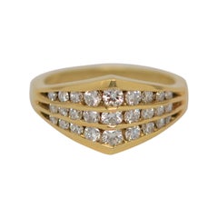 18K Yellow Gold and Round Brilliant Cut Three Row Ring, 0.92 Carats Total