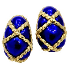 18K Yellow Gold and Royal Blue Enamel Earrings with Twisted Rope Design