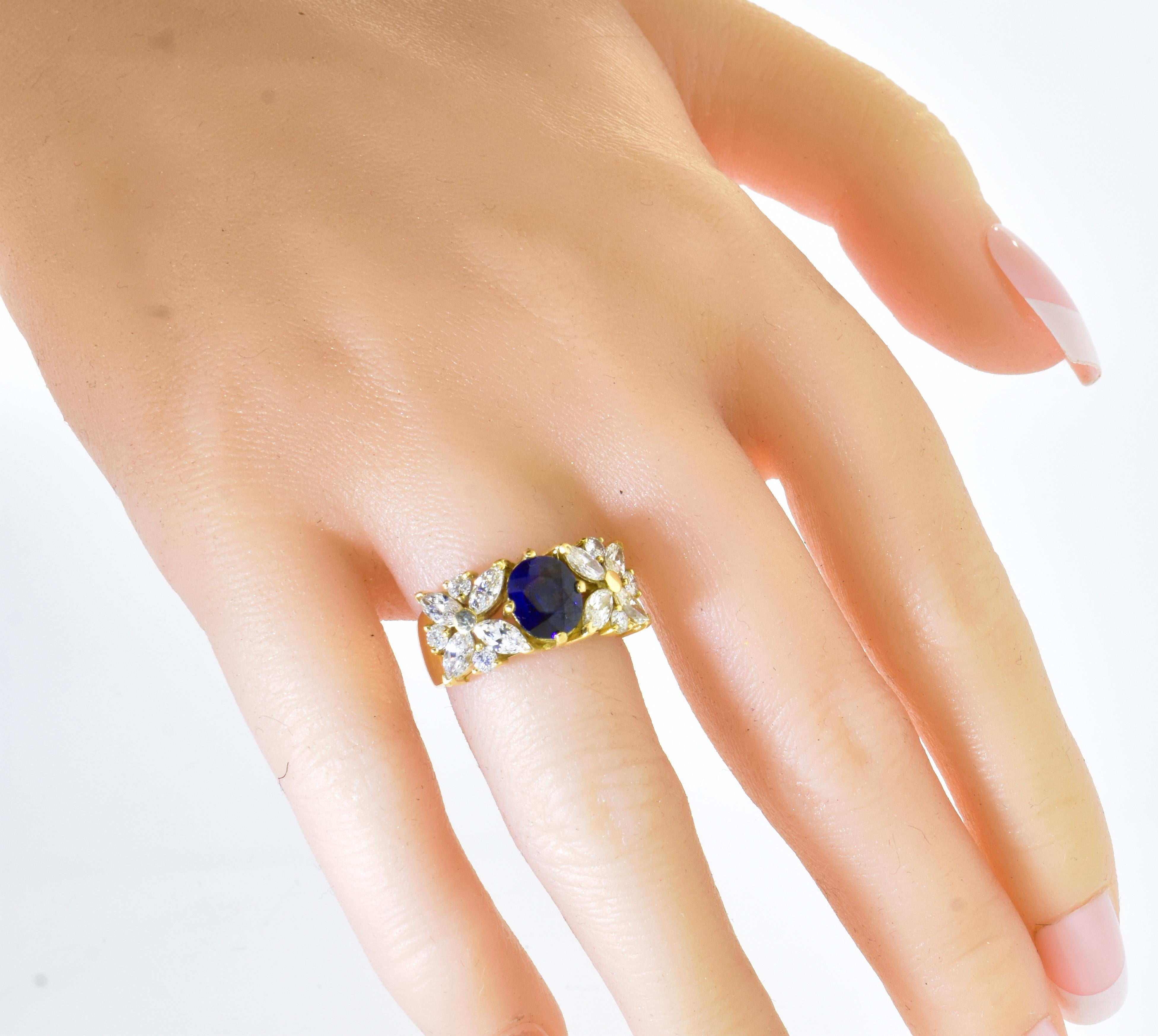 18K Yellow Gold and Royal Blue Sapphire and White Fancy Cut Diamond Ring 4