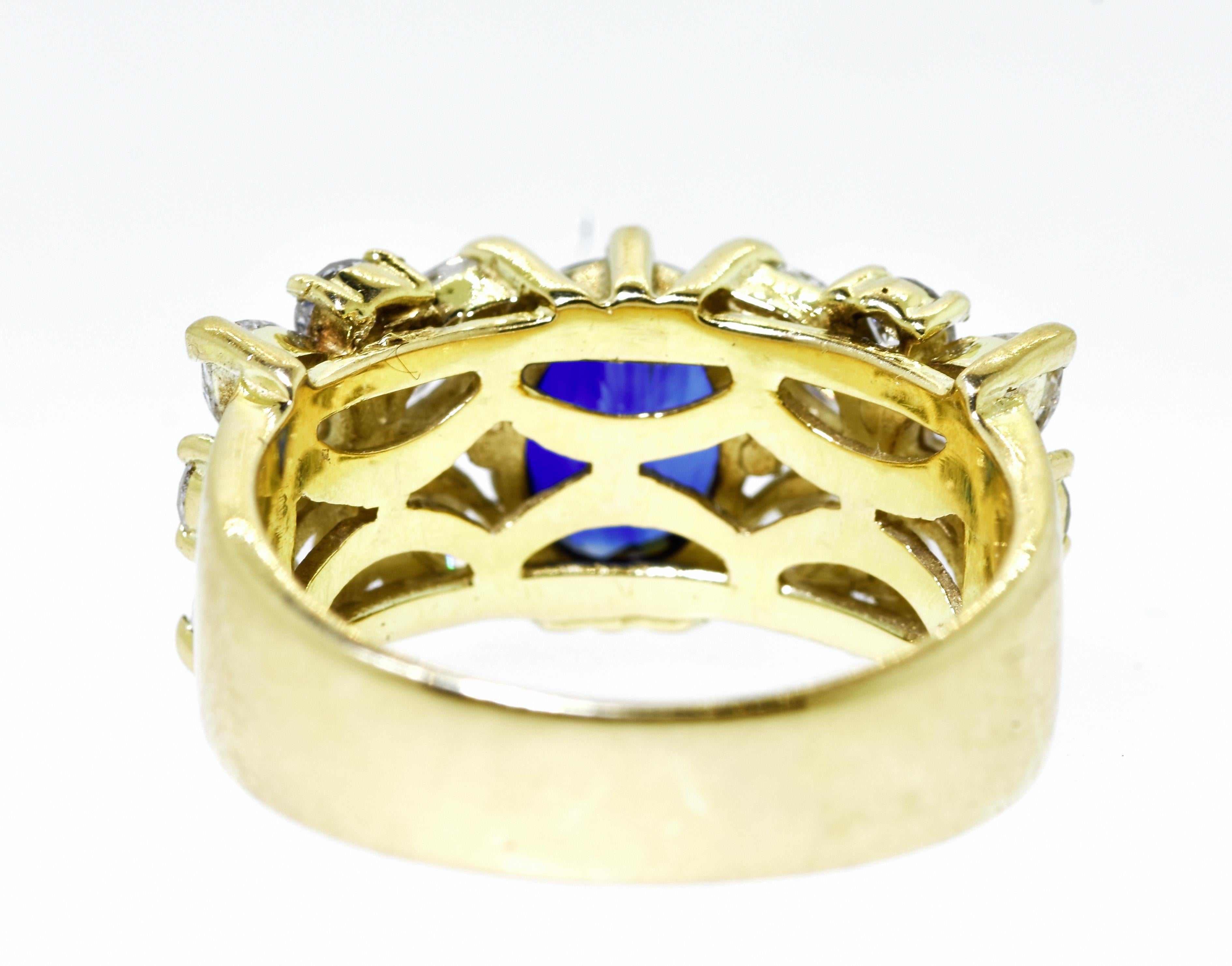 18K Yellow Gold and Royal Blue Sapphire and White Fancy Cut Diamond Ring 4