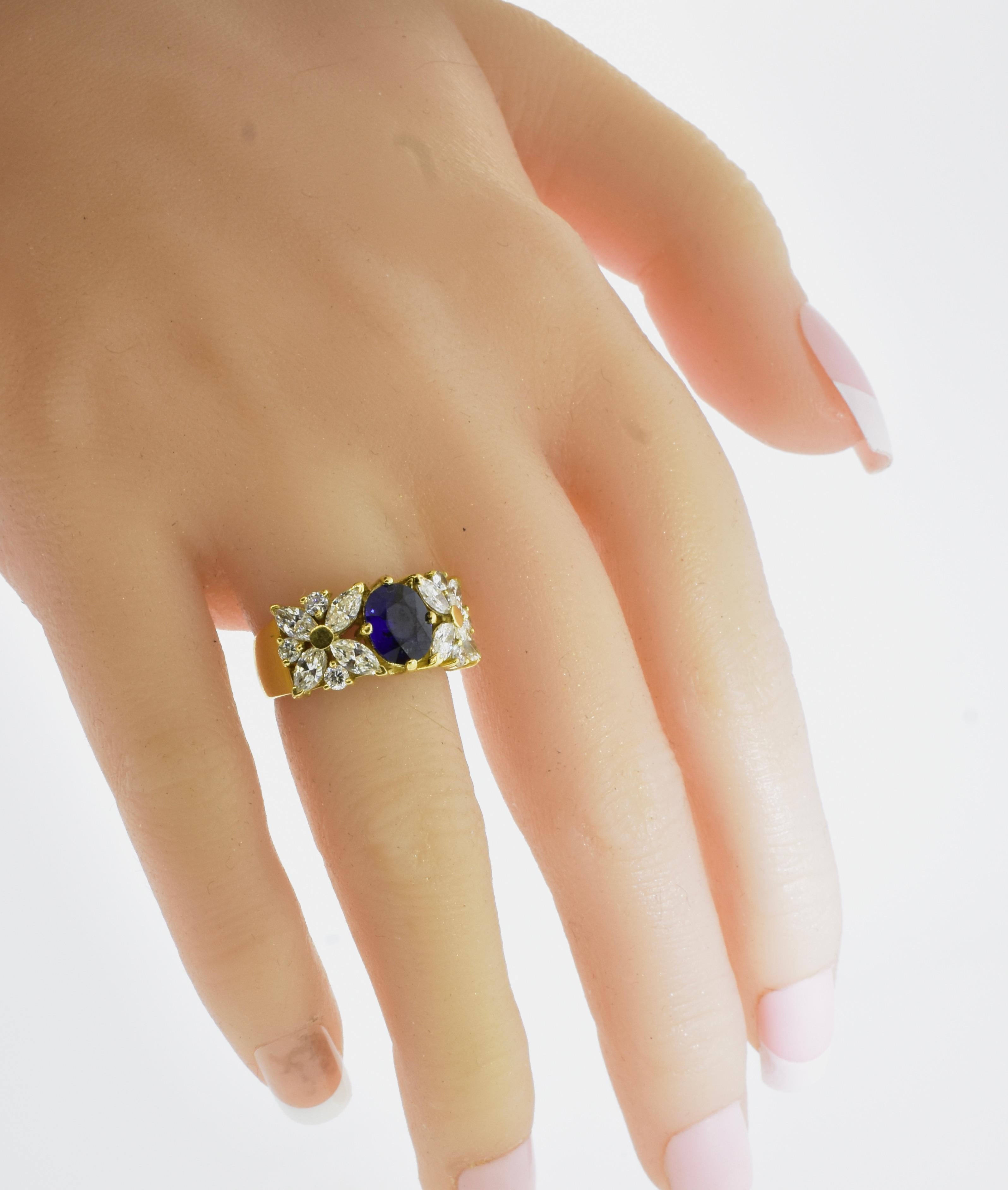 18K Yellow Gold and Royal Blue Sapphire and White Fancy Cut Diamond Ring 5