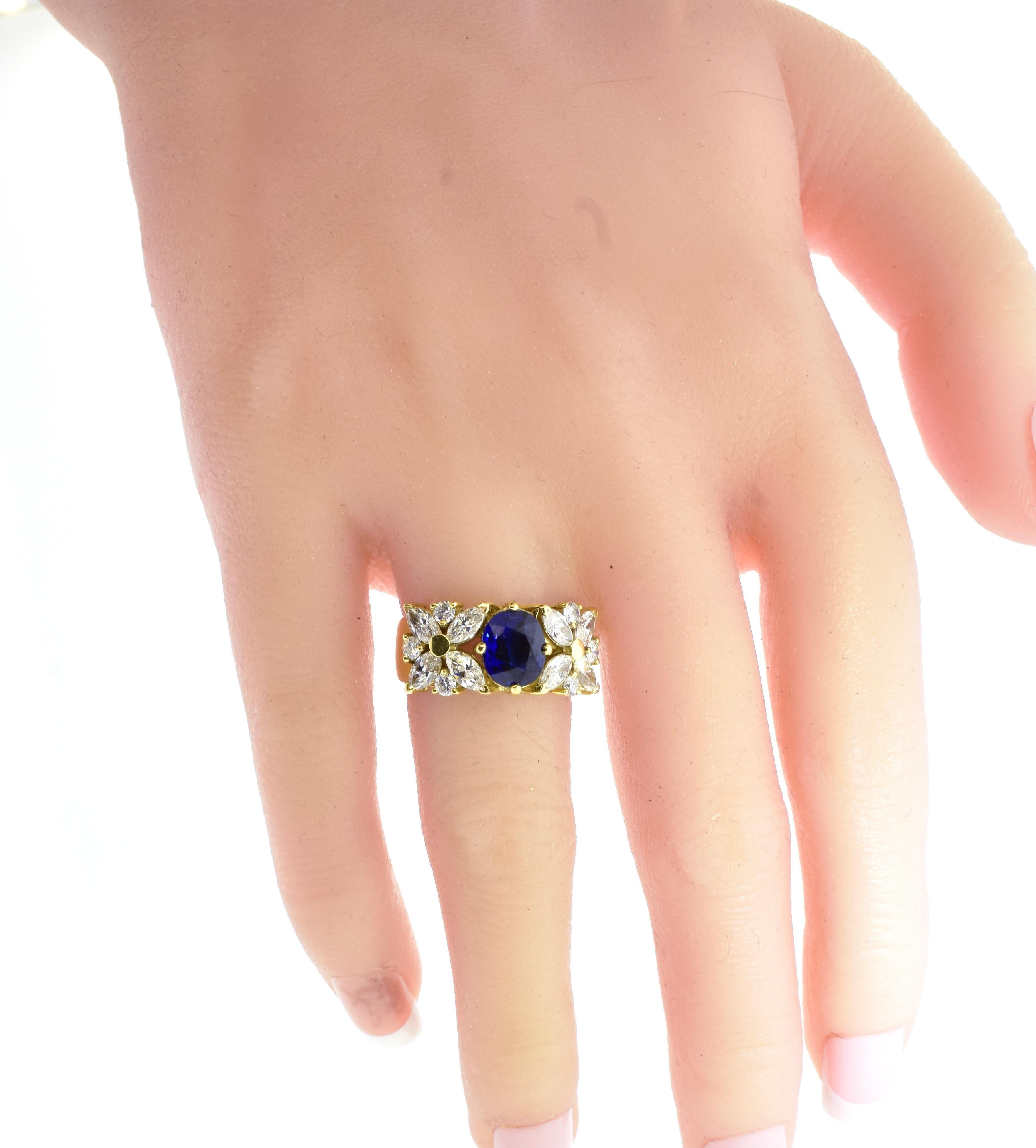 18K Yellow Gold and Royal Blue Sapphire and White Fancy Cut Diamond Ring 7