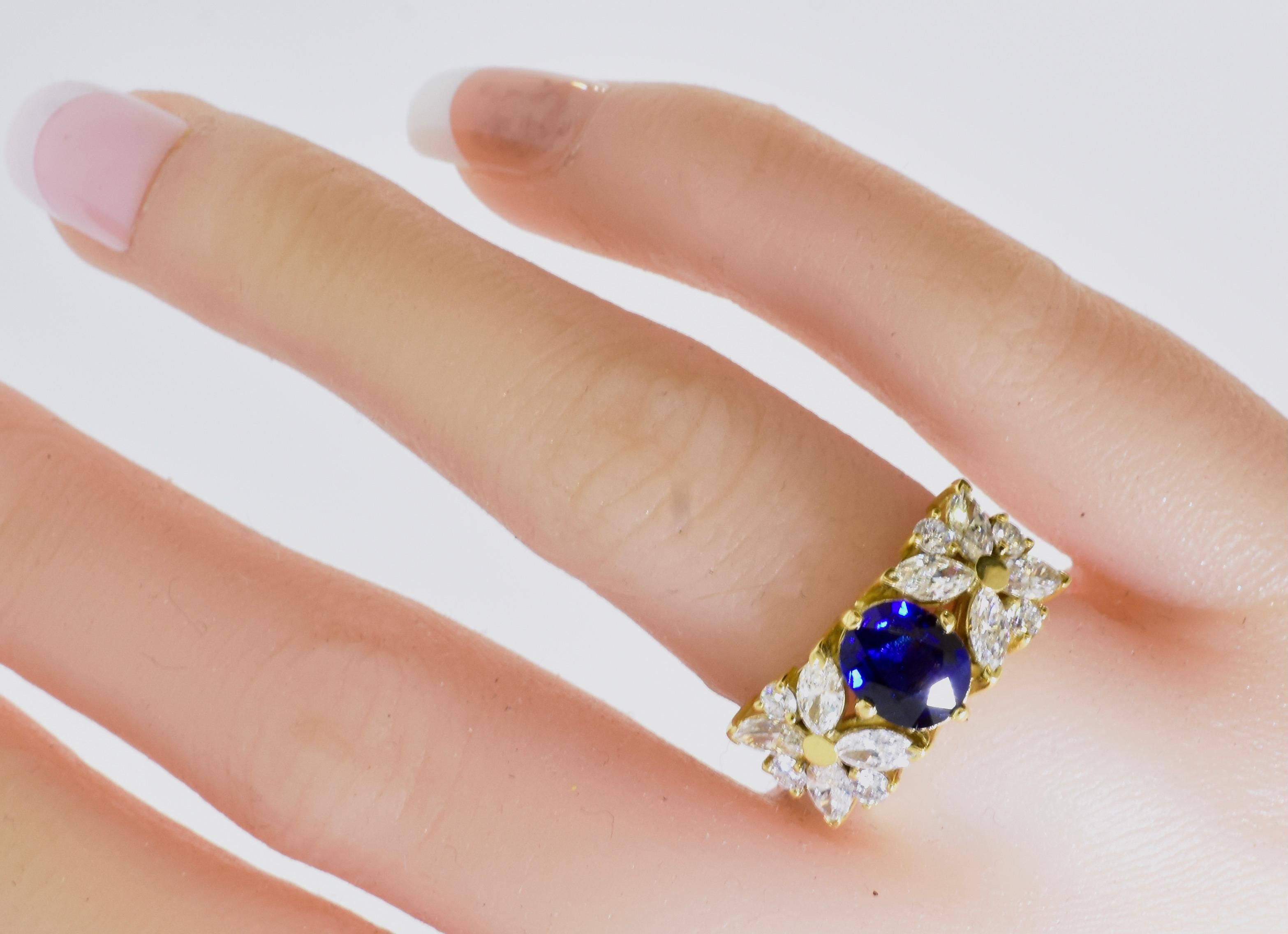18K Yellow Gold and Royal Blue Sapphire and White Fancy Cut Diamond Ring 7