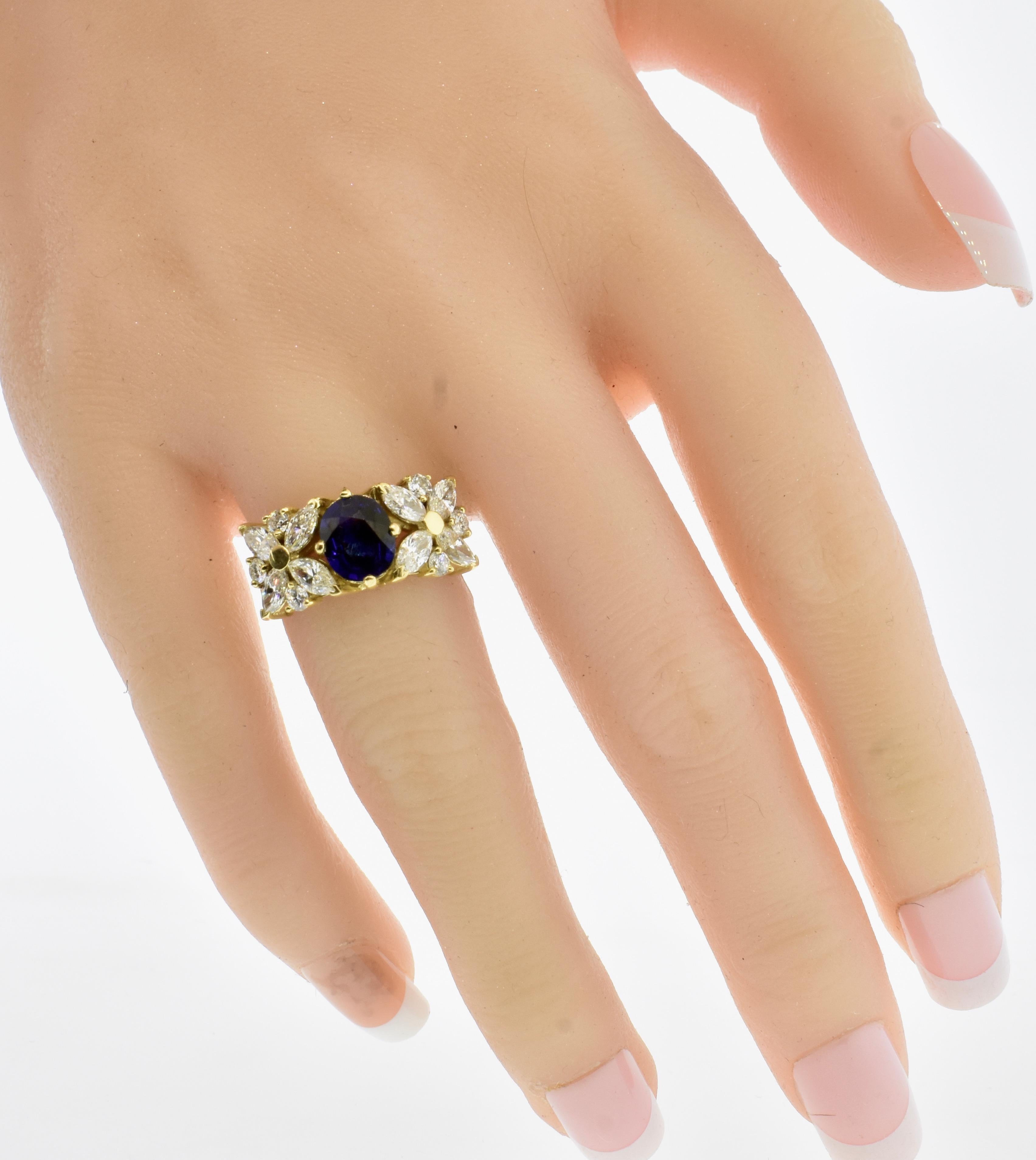 18K Yellow Gold and Royal Blue Sapphire and White Fancy Cut Diamond Ring In Excellent Condition In Aspen, CO