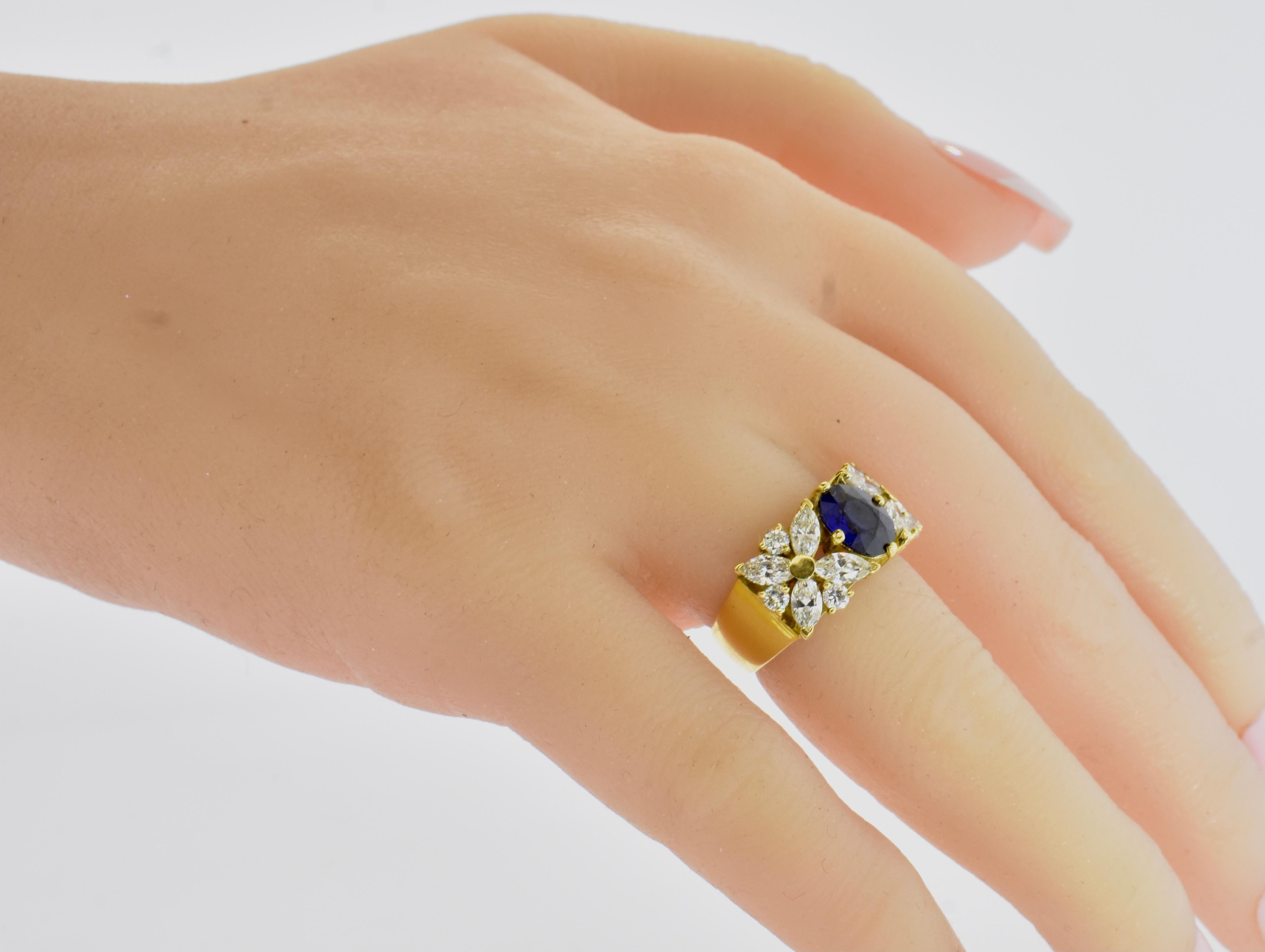 18K Yellow Gold and Royal Blue Sapphire and White Fancy Cut Diamond Ring In Excellent Condition In Aspen, CO