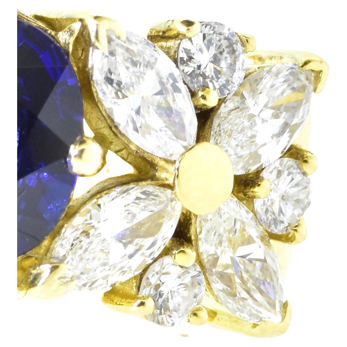 18K Yellow Gold and Royal Blue Sapphire and White Fancy Cut Diamond Ring 1