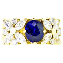 18K Yellow Gold and Royal Blue Sapphire and White Fancy Cut Diamond Ring