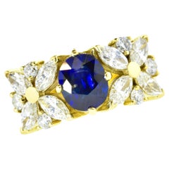 18K Yellow Gold and Royal Blue Sapphire and White Fancy Cut Diamond Ring