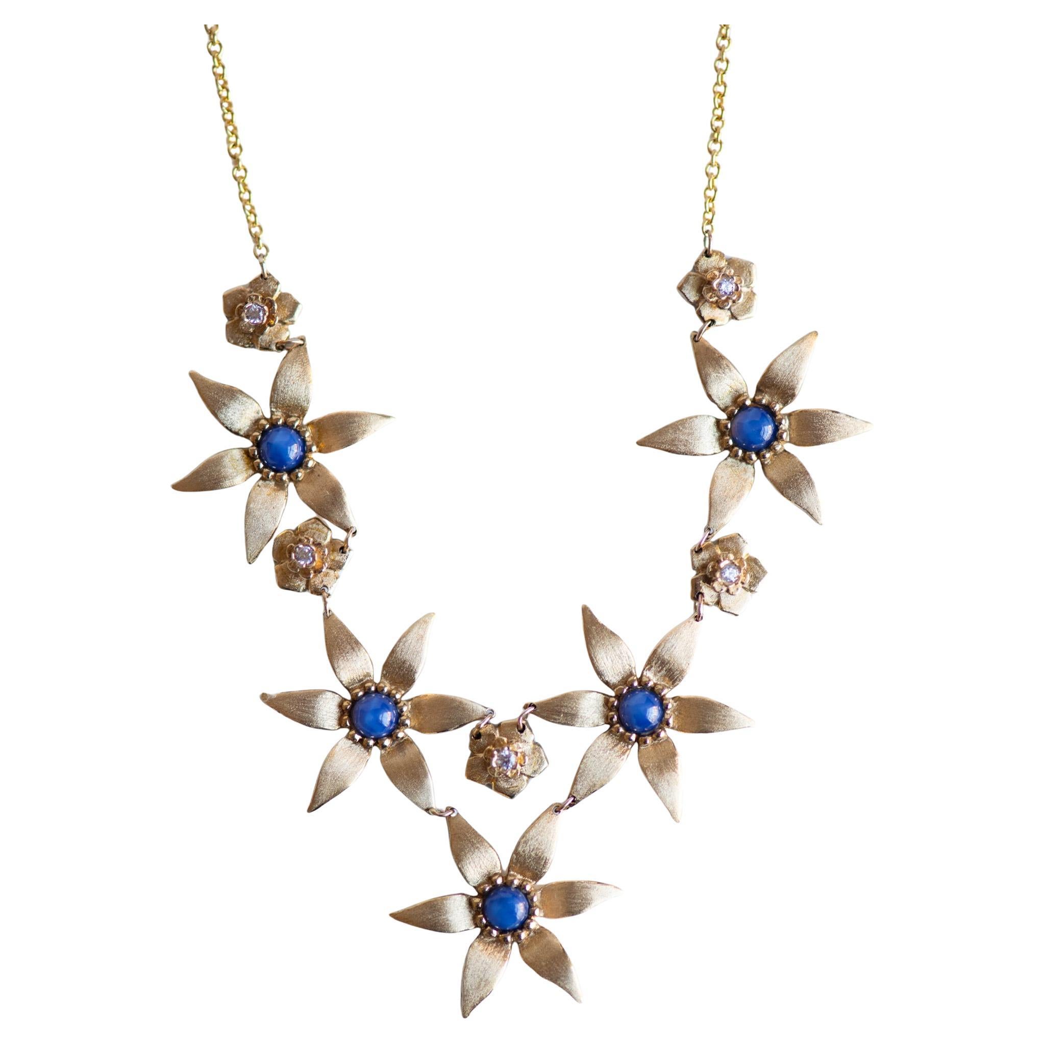18K Yellow Gold and Sapphire Floral Bib Necklace
