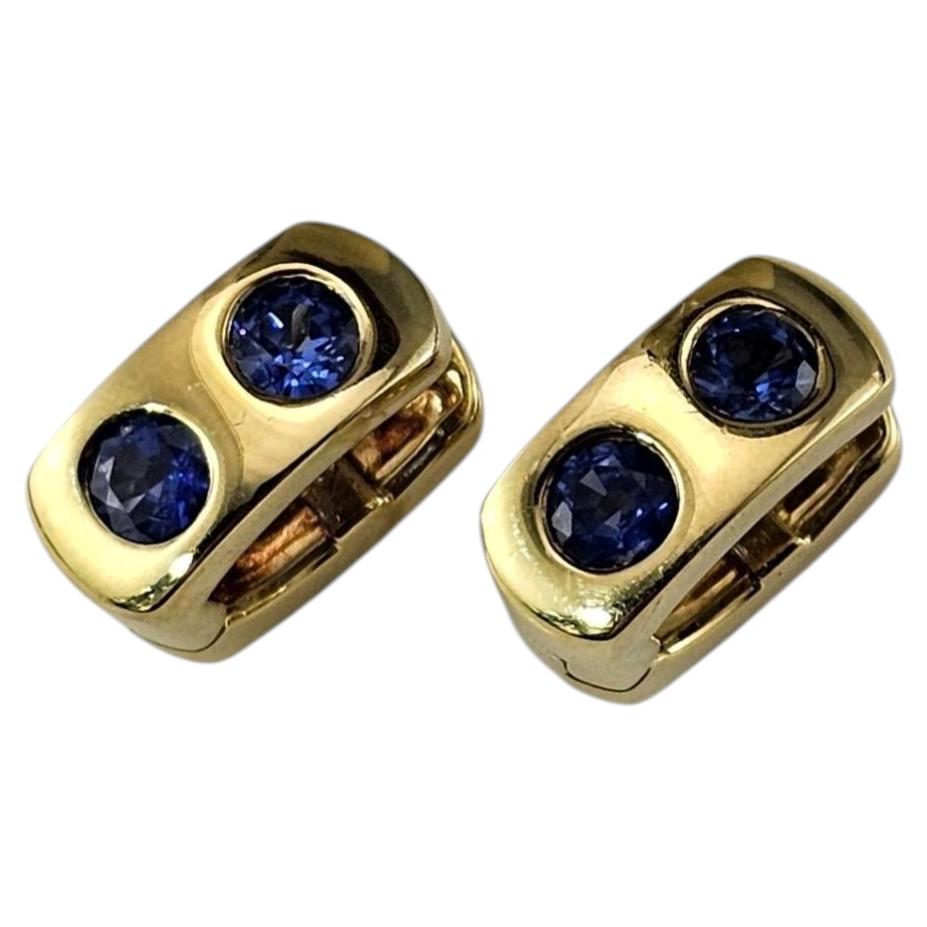 18K Yellow Gold and Sapphire Huggie Hoop Earrings Certified #25024